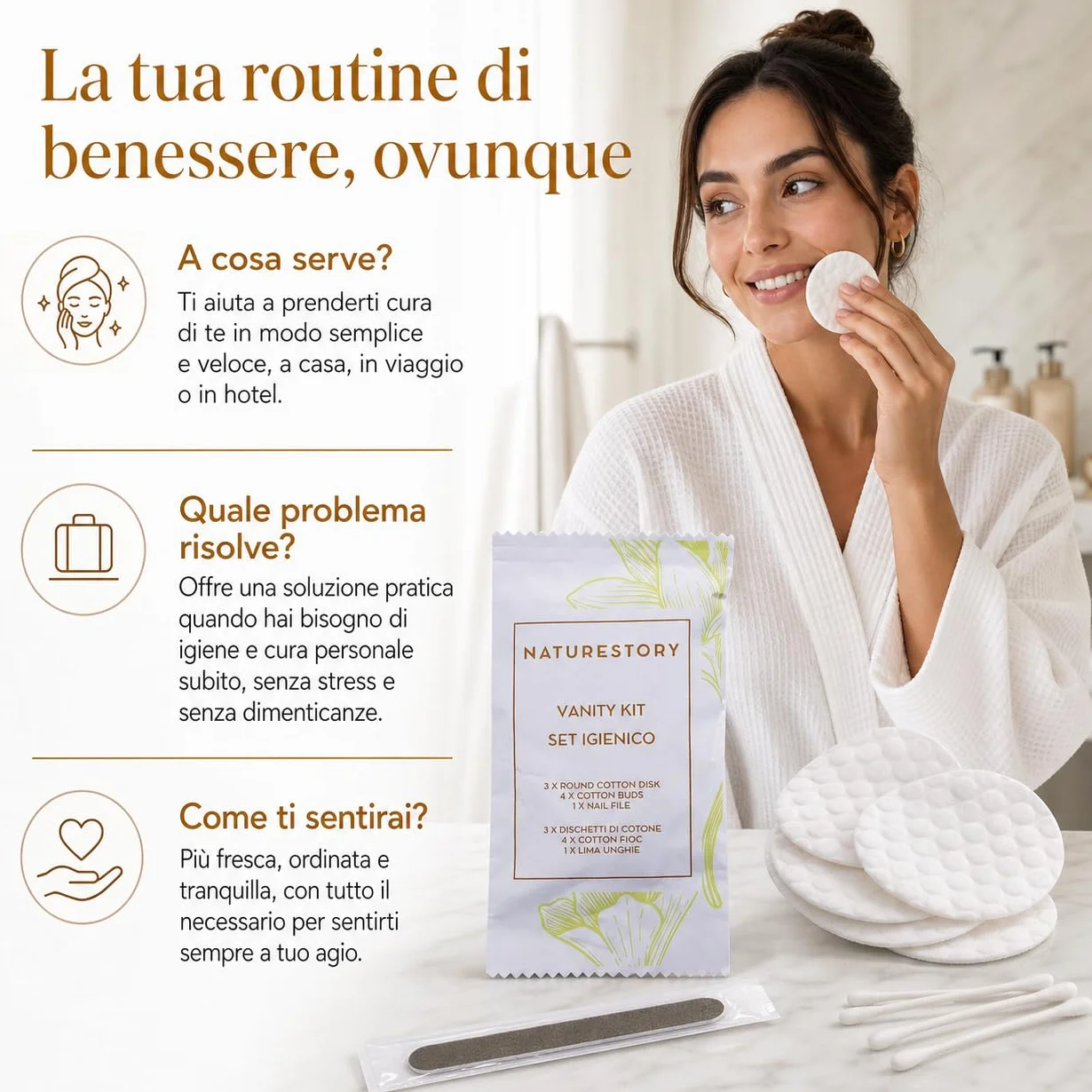 50 Vanity Kit Monouso Ospiti Hotel B&B – Set Cortesia con Dischetti Struccanti, Cotton Fioc e Lima Unghie – Kit Igiene Personale Sigillato, Elegante e Pronto all’Uso per Spa e Case Vacanza