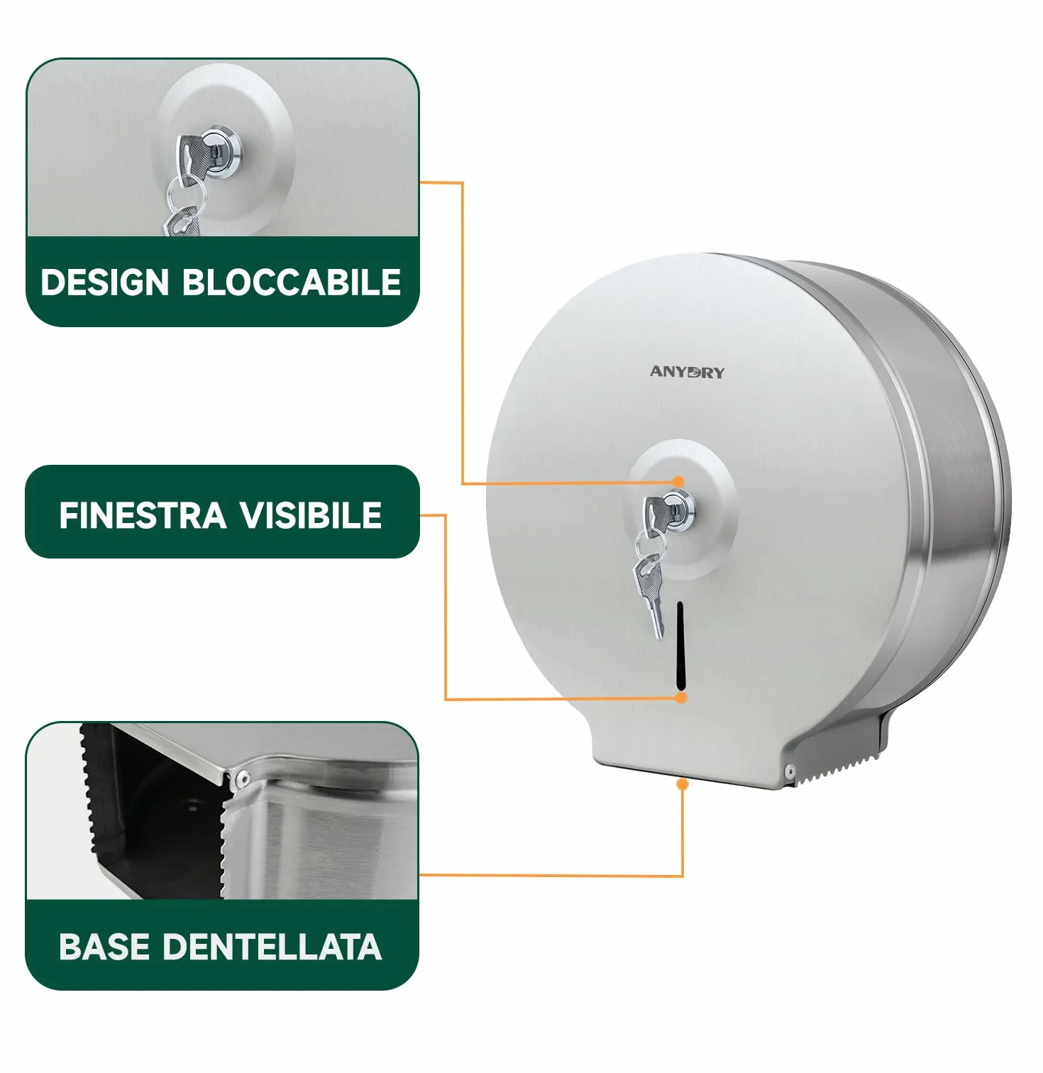 AnyDry 5182 Distributore per asciugamani di carta in acciaio inox commerciale a torre manuale montaggio a parete