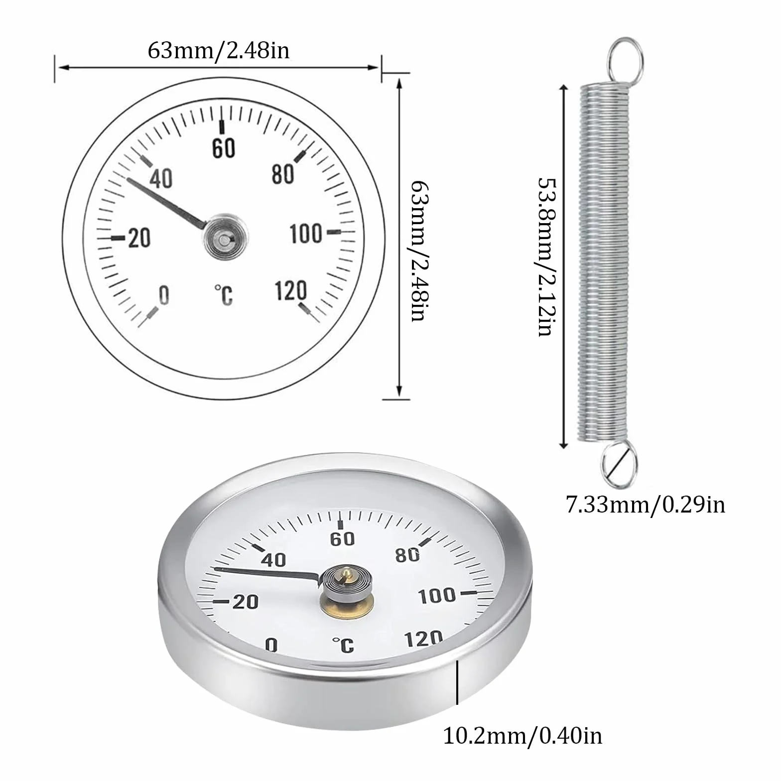 Termometri per Tubi di Riscaldamento, Termometro Bimetallico 0-120°C 63 mm, Acciaio Inossidabile