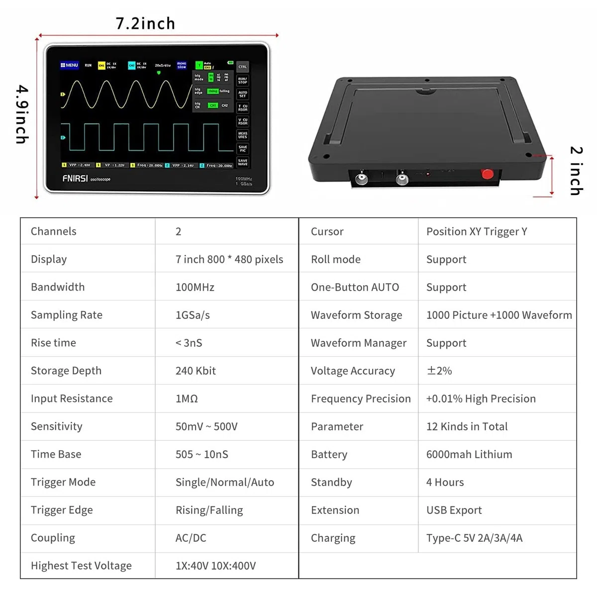 [FNRSI aggiornato 1013D Plus 100X Sonda] Oscilloscopio Tablet Digitale Portatile Oscilloscopio con 2 Canali 100Mhz Larghezza di banda 1GSa/s Frequenza di campionamento 7" TFT LCD Touch Screen 100X