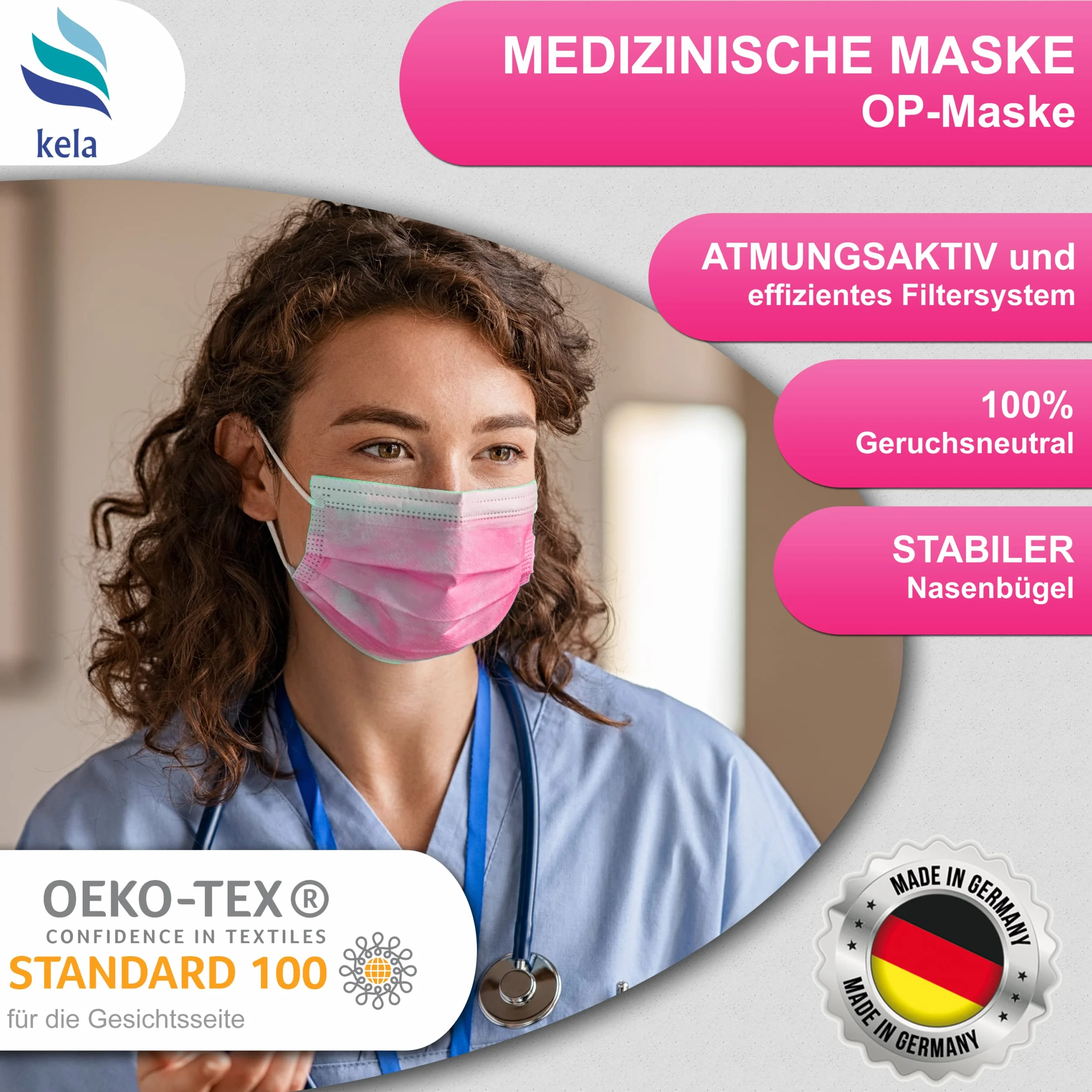 Kela Mascherine Chirurgiche Rosa IIR 50 Pezzi Certificate CE Made in Germany