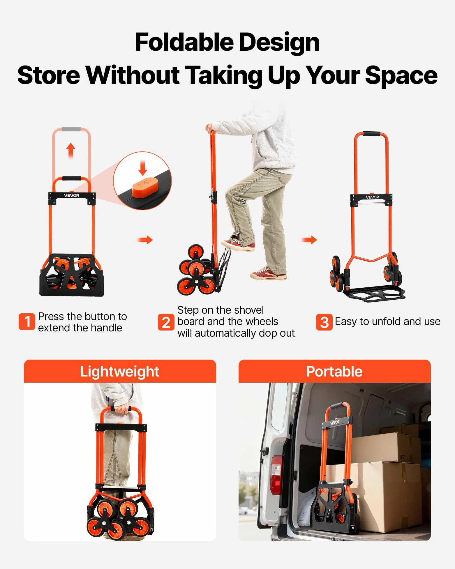 VEVOR Carrello Portapacchi per Scale Capacità di Salita Scale 54 kg, Carrello Pieghevole Portatile con Maniglia Telescopica, 6 Ruote e 2 Corde Elastiche, per Casa, Generi Alimentari, Magazzino