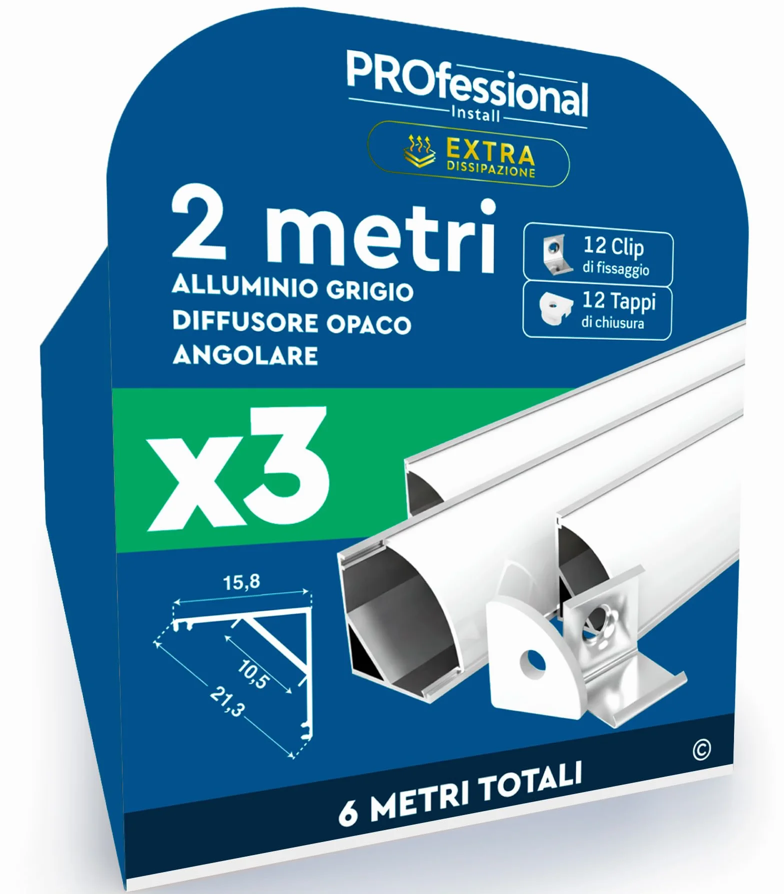 Eurocali 3 Profili Angolari da 2 Metri per Strisce LED - 6 Metri Totali - Angoli 21,3x15,8mm - Profili in Alluminio con Copertura Opaca per Strisce LED fino a 10,5mm