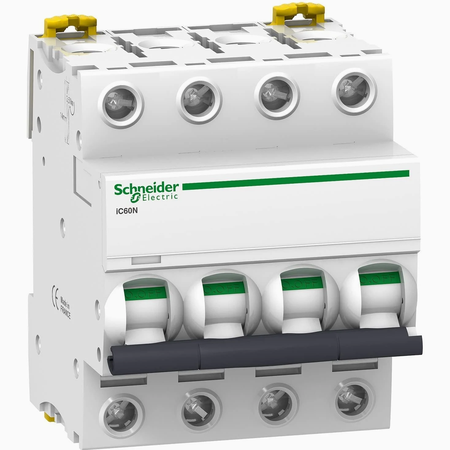 Schneider Electric A9F74432 IC60N Interruttore, Acti9, Curvatura C, 4P, 85 mm Altezza x 72 mm Larghezza x 78,5 mm Profondità, 32 A Corrente, 50/60 Hz, Bianco