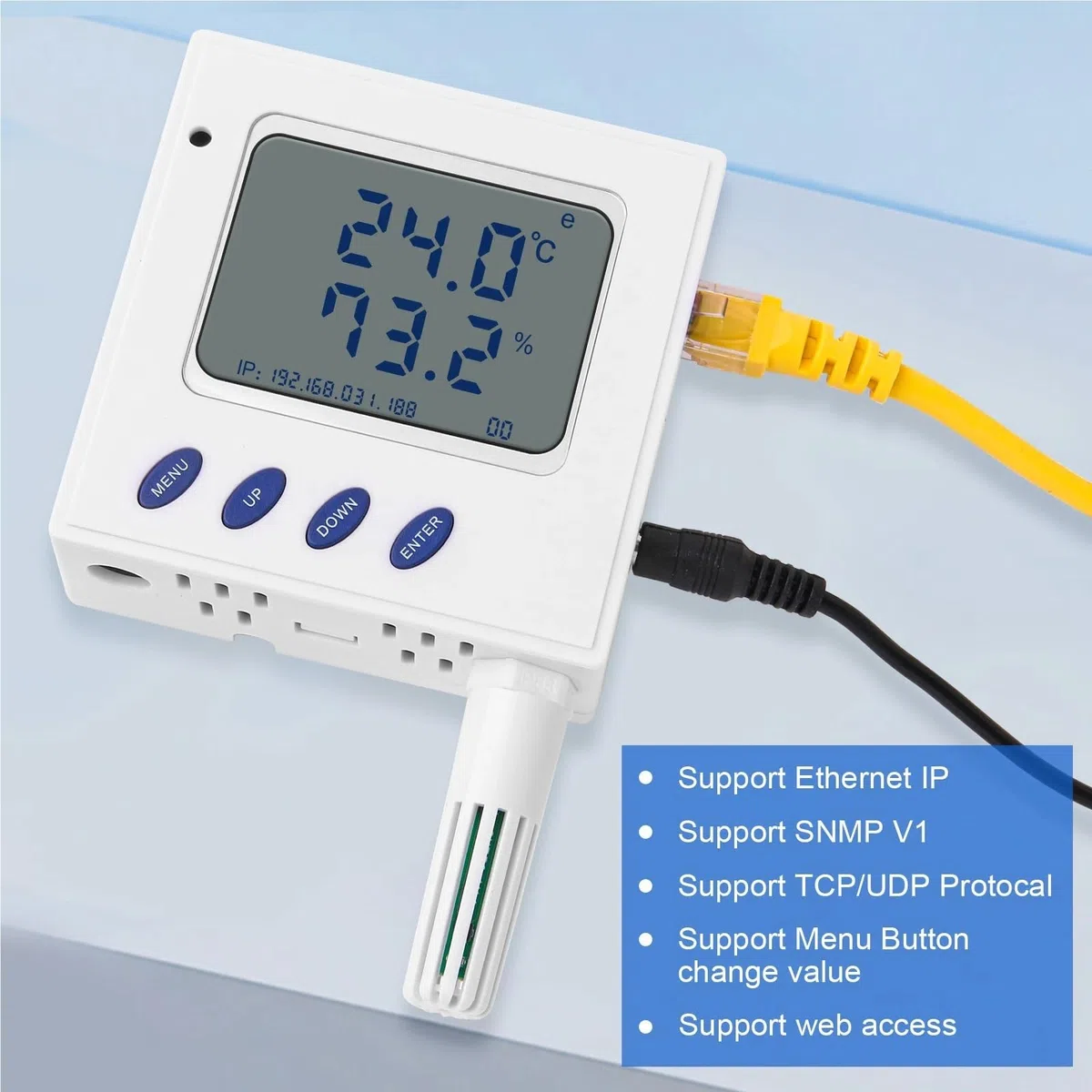 Il trasmettitore Ethernet di temperatura e umidità supporta il protocollo UDP/SNMP e l'alimentazione Poe con sensore Sht30 esterno