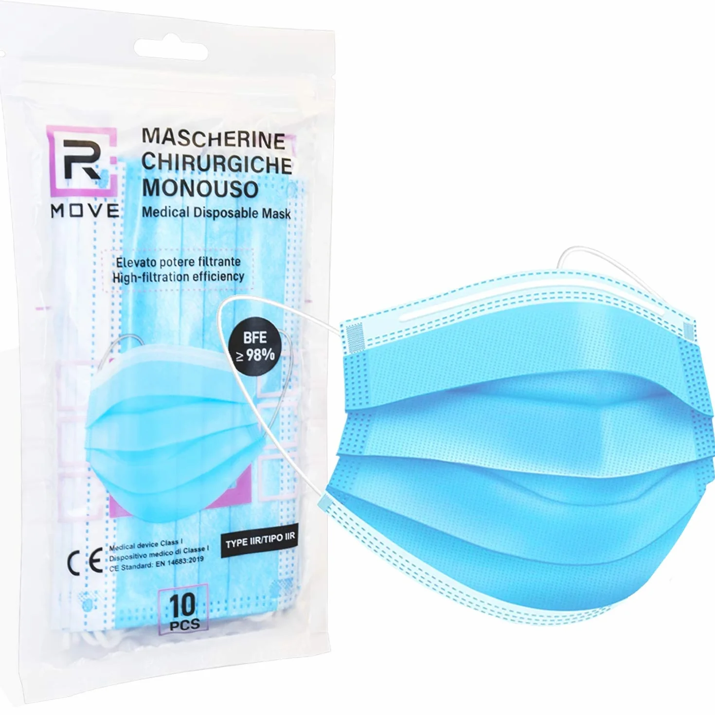Mascherine chirurgiche IIR BFE ≥98% CE Dispositivo Medico classe I 100 pezzi confezioni richiudibili