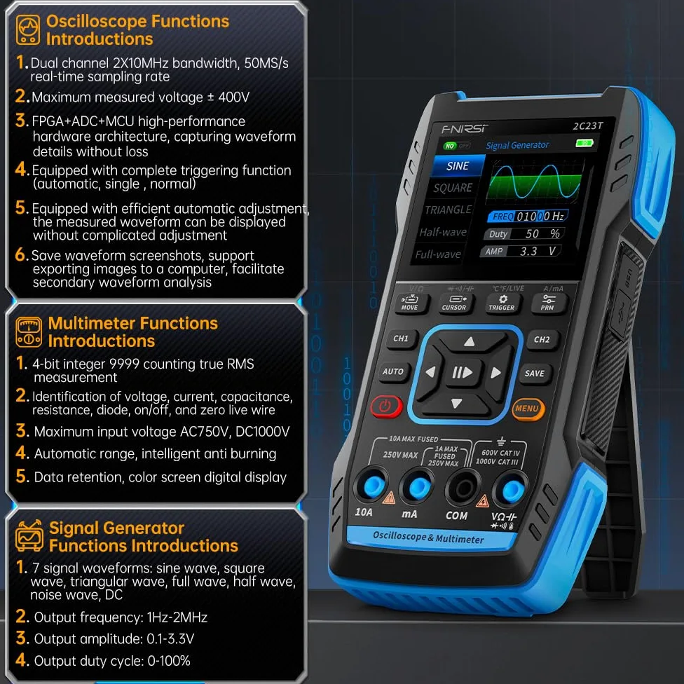 Fnirsi 2C23T Oscilloscopio digitale portatile-Multimetro + Generatore di segnale di funzione 2023 Ultimo 3IN1 a due canali