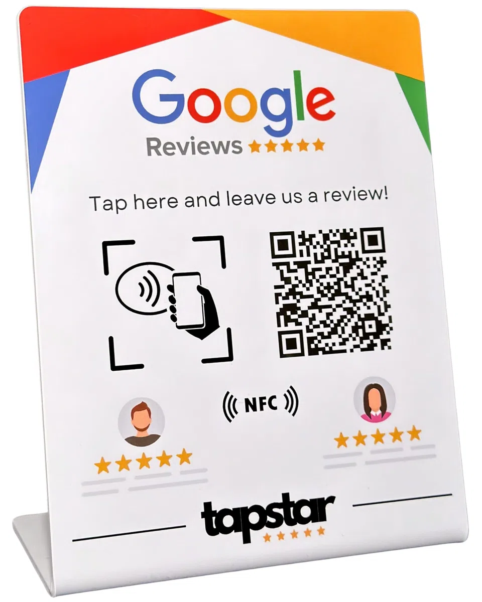 TAPSTAR Supporto Recensioni Google NFC - Stand per ottenere recensioni Google - Poster NFC Recensioni Google - Compatibile con Android & iPhone - Facile configurazione con Web App - Nessun abbonamento