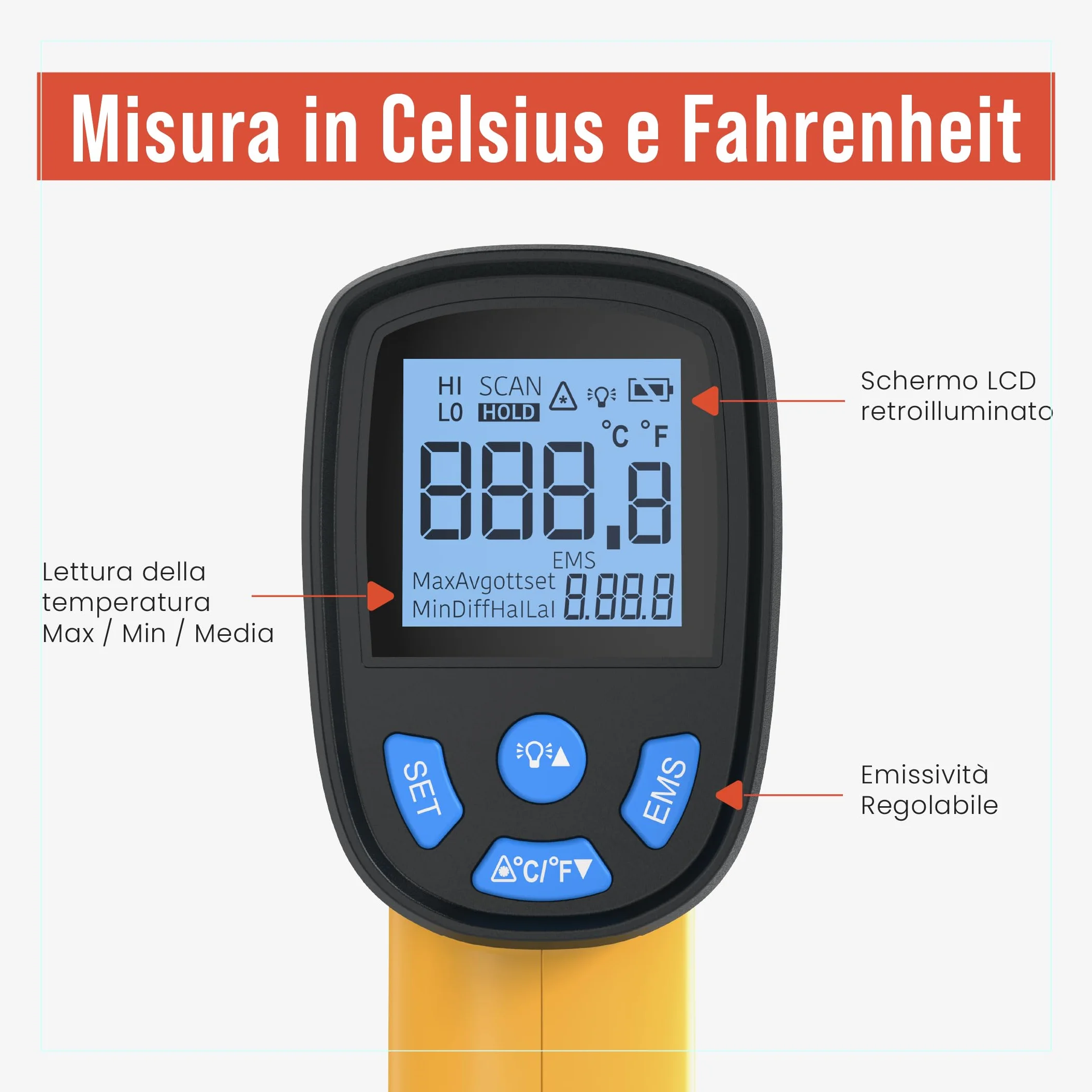 Chef Pomodoro Termometro Infrarossi da Cucina, Termometro Laser Senza Contatto -50°C a 550°C
