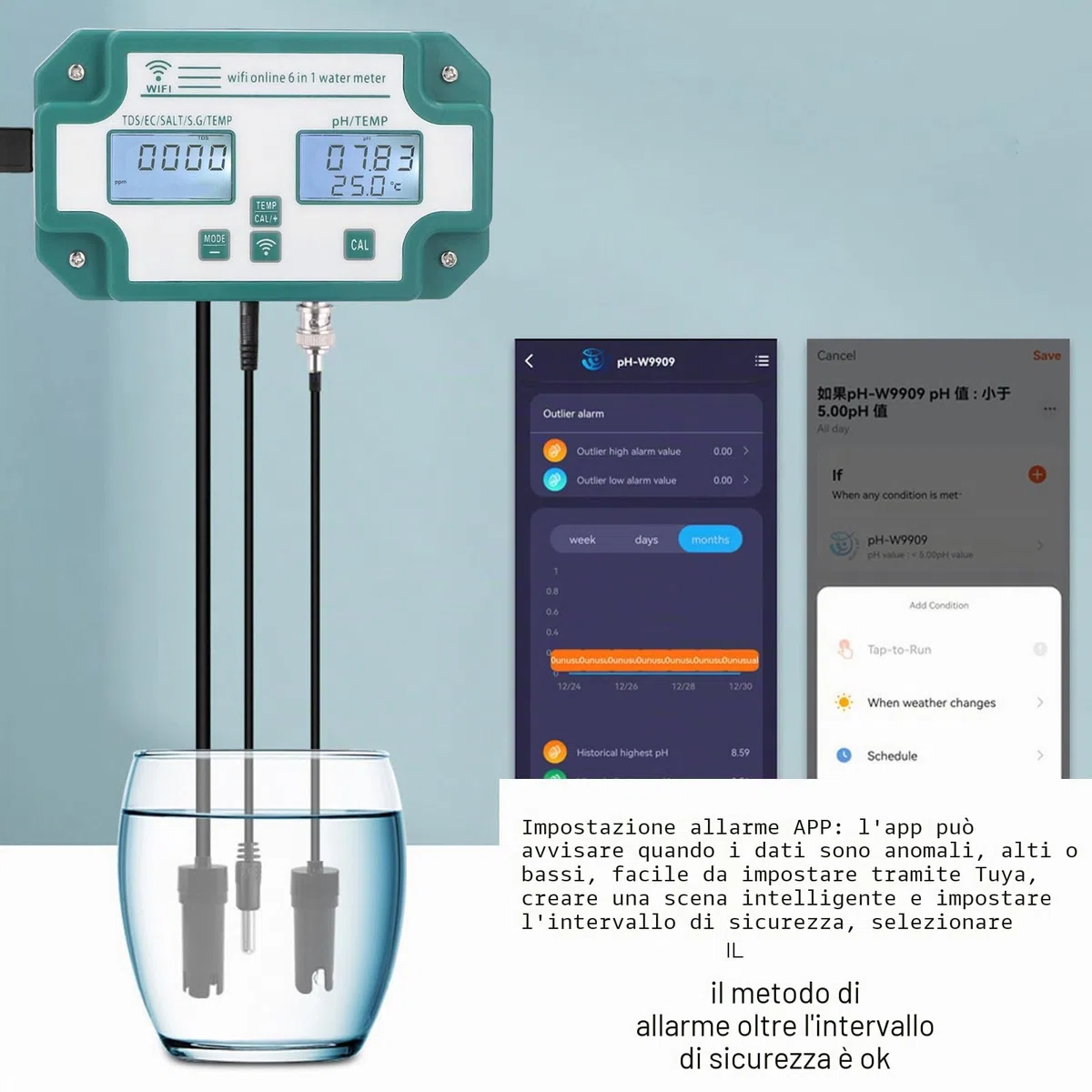 Misuratore di Qualità Dell'acqua Ad Alta Precisione 6 in 1 PH TDS EC SG Tester di Temperatura del Sale Connessione WiFi Rilevatore di Qualità Dell'acqua per Acqua Potabile(Spina UE)