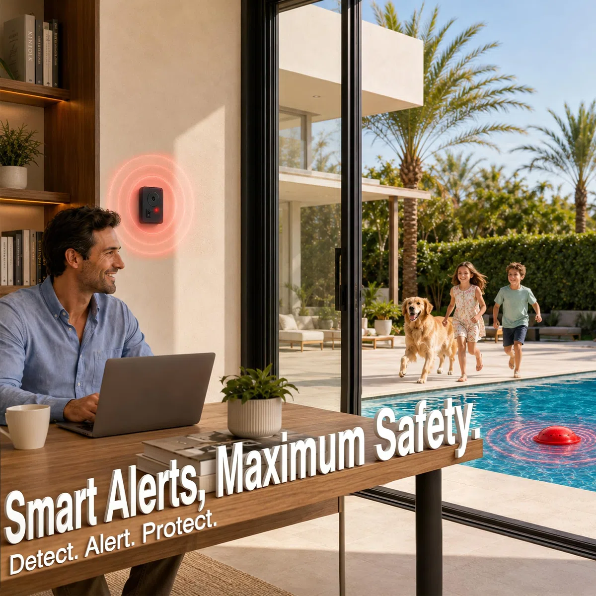 Allarme per piscina, allarme di sicurezza per piscine interrate e fuori terra, sensibilità regolabile, allarme 85 dB+, protezione per bambini e animali domestici (rosso)