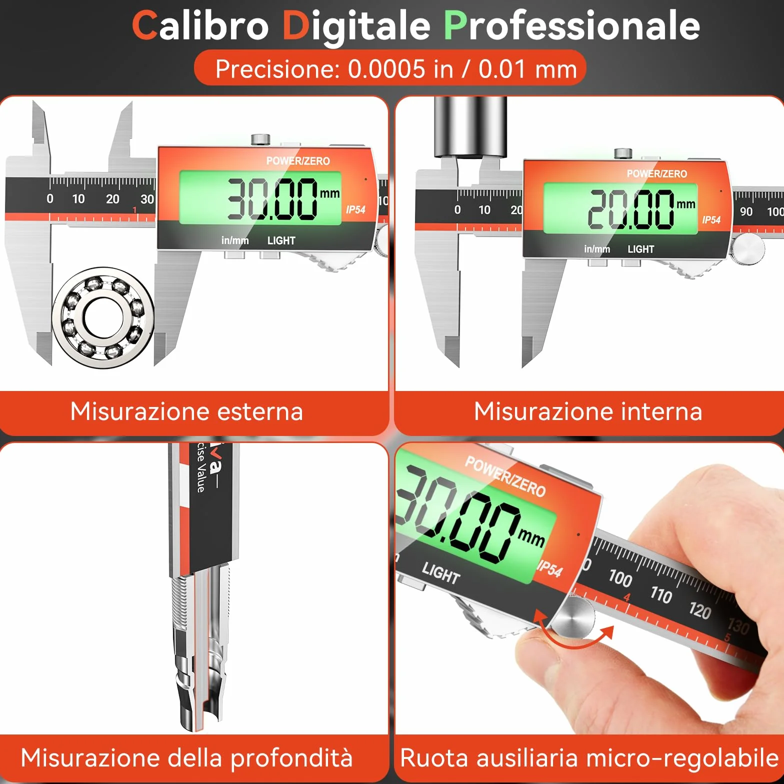 Preciva Calibro Digitale, Precisione Micrometro in Acciaio Inox con LCD Schermo Grande, Calibro Analogico Ricaricabile per Misurzione Esterna, Interna, Profondità e di Passo