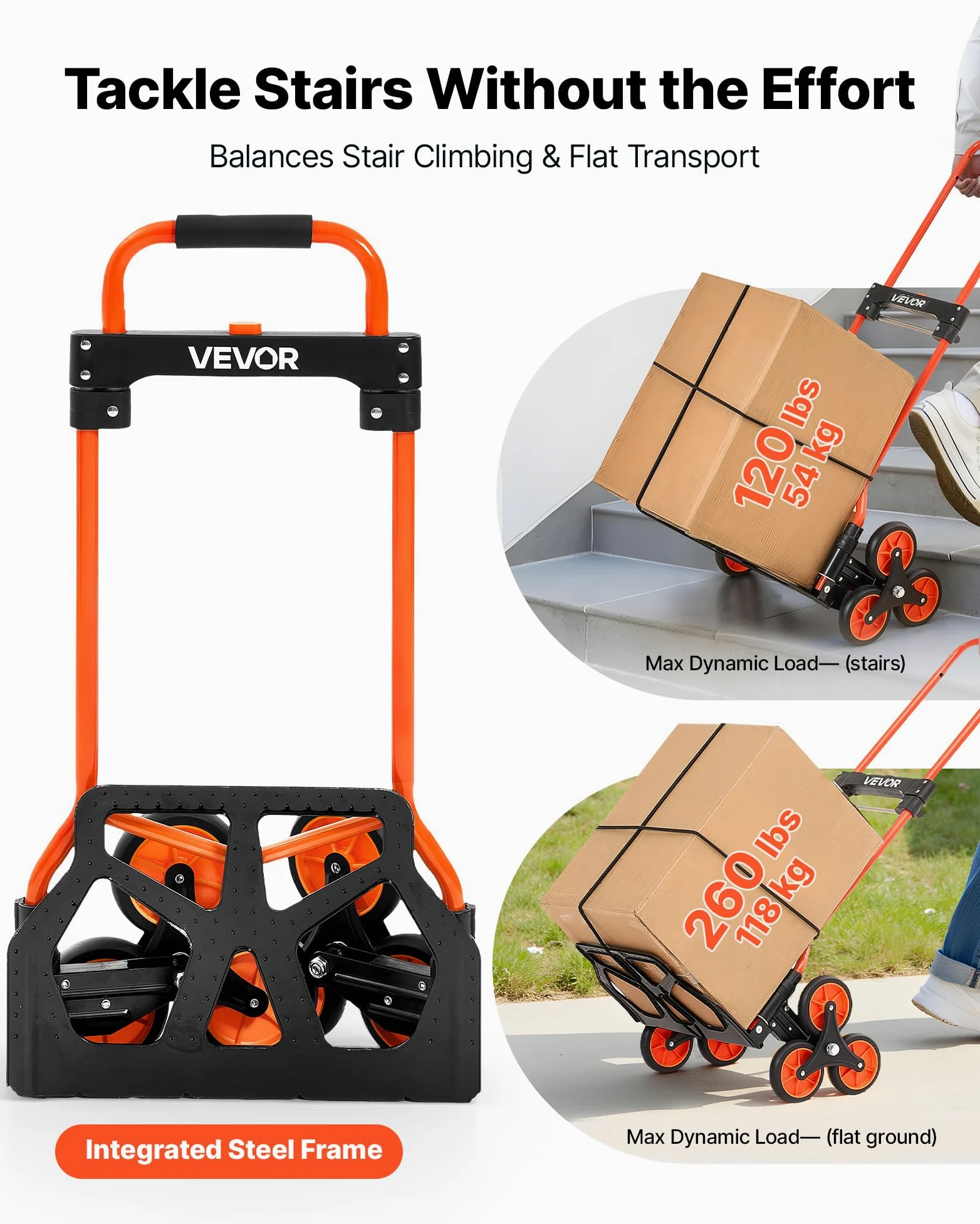 VEVOR Carrello Portapacchi per Scale Capacità di Salita Scale 54 kg, Carrello Pieghevole Portatile con Maniglia Telescopica, 6 Ruote e 2 Corde Elastiche, per Casa, Generi Alimentari, Magazzino