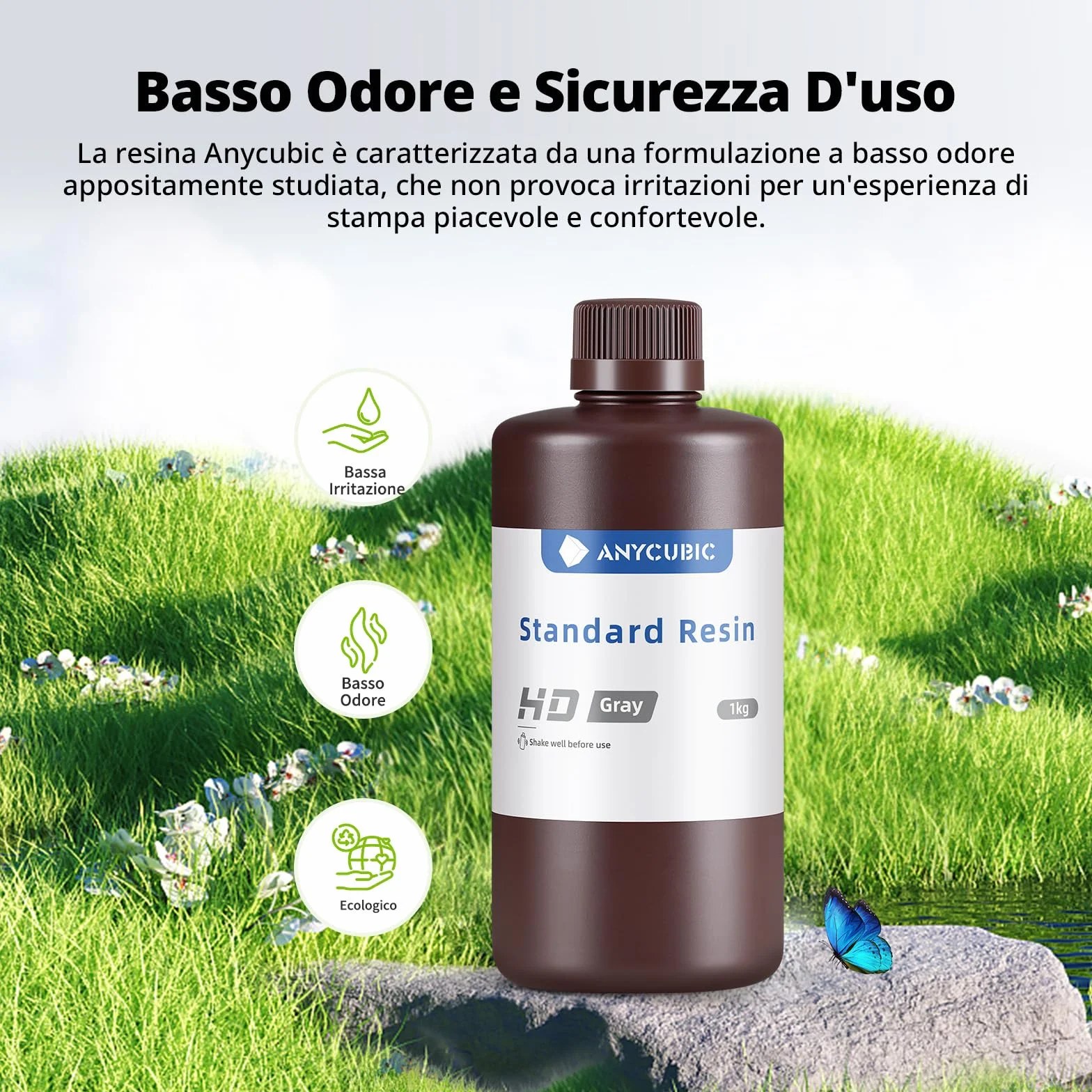 ANYCUBIC Resina Stampante 3D, Resine Standard Fotopolimerizzante UV 405 nm con Alta Precisione, Eccellente Fluidità e Solidificare Rapida per stampanti 3D 4K/8K LCD/DLP/SLA (Grigio, 1kg)