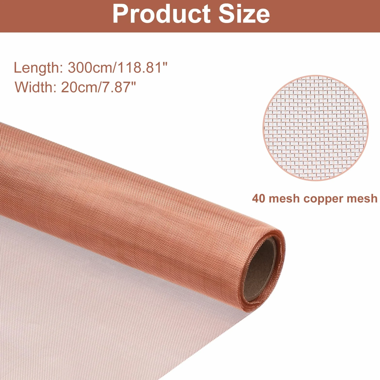 Rete in Rame Puro a Maglia 40 8" x 118" Rotolo Filo Metallico Intrecciato per Giardino e Casa Filtro Densa Protezione Finestre
