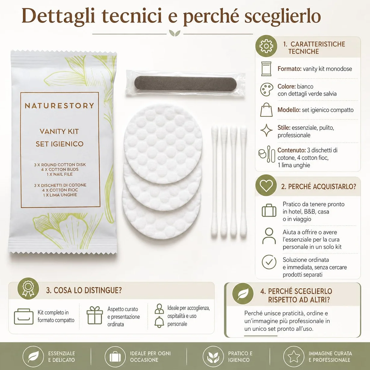 50 Vanity Kit Monouso Ospiti Hotel B&B – Set Cortesia con Dischetti Struccanti, Cotton Fioc e Lima Unghie – Kit Igiene Personale Sigillato, Elegante e Pronto all’Uso per Spa e Case Vacanza