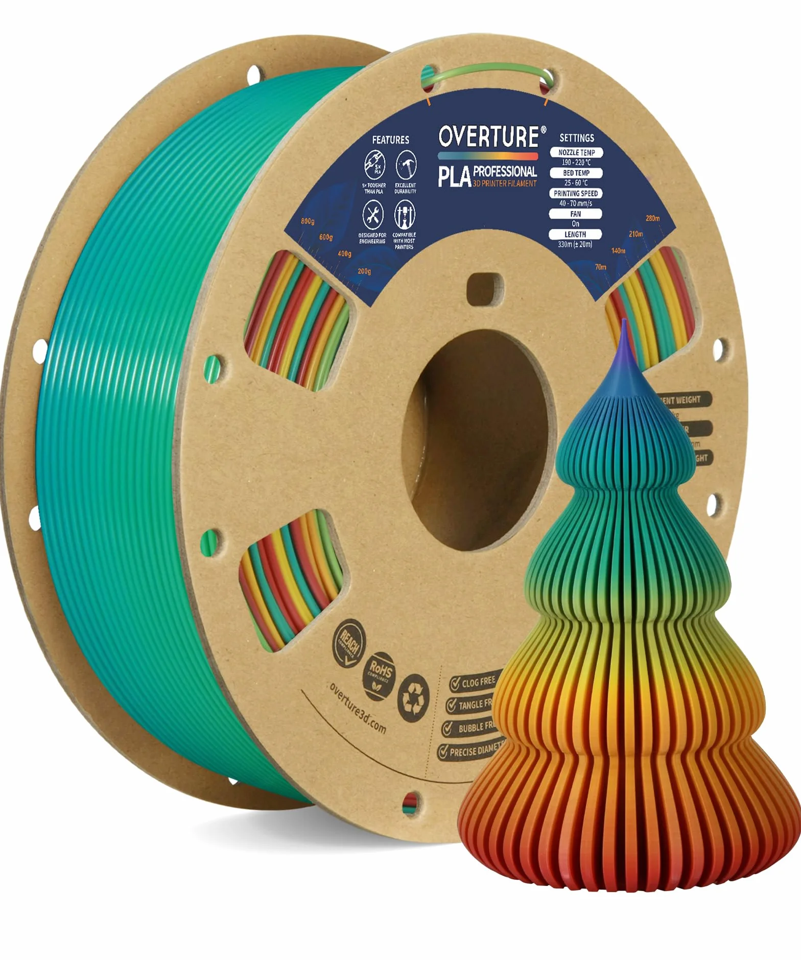 OVERTURE PLA+ Filamento 1.75mm 1kg Toughness Enhanced PLA Plus Roll Arcobaleno al Tramonto