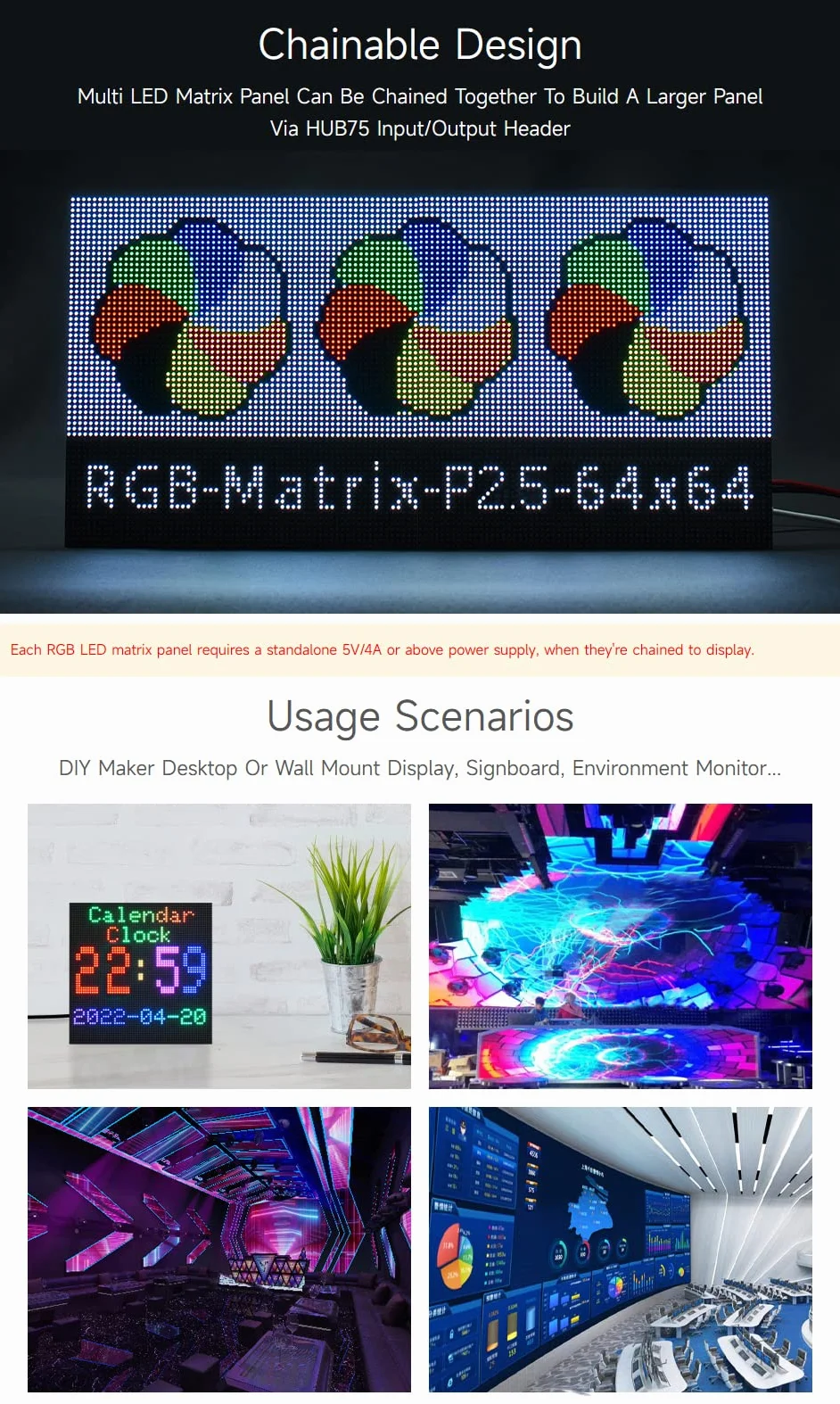 Waveshare RGB Full-Color LED Matrix Panel 2.5mm Pitch 64x64 Pixels Adjustable Brightness Compatible with Raspberry Pi/Pico/ESP32/Arduino