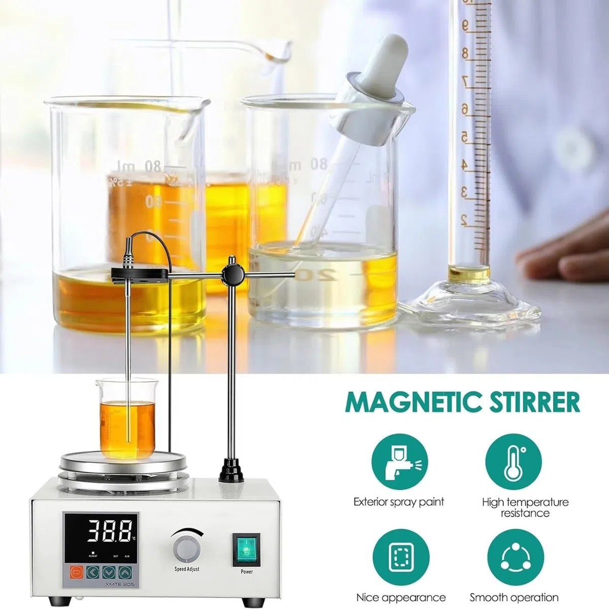 Agitatore magnetico con piastra riscaldante, con display digitale della temperatura e agitatore magnetico della velocità, 200 W - 2000 giri/min, regolazione con piastra riscaldante,agitatore magnetico