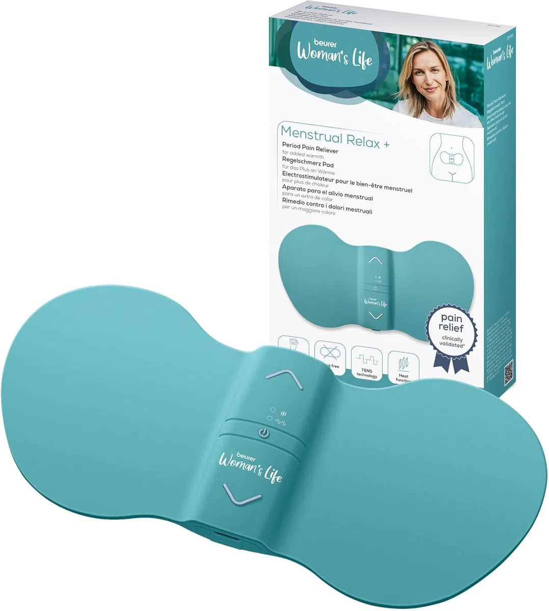 Beurer Em 55 Menstrual Relax+, Pad Elettrostimolatore Medicale Tens Contro i Dolori Mestruali e da Endometriosi, Funzione Calore, Batteria Ricaricabile, Superficie Più Ampia, Colore Turchese