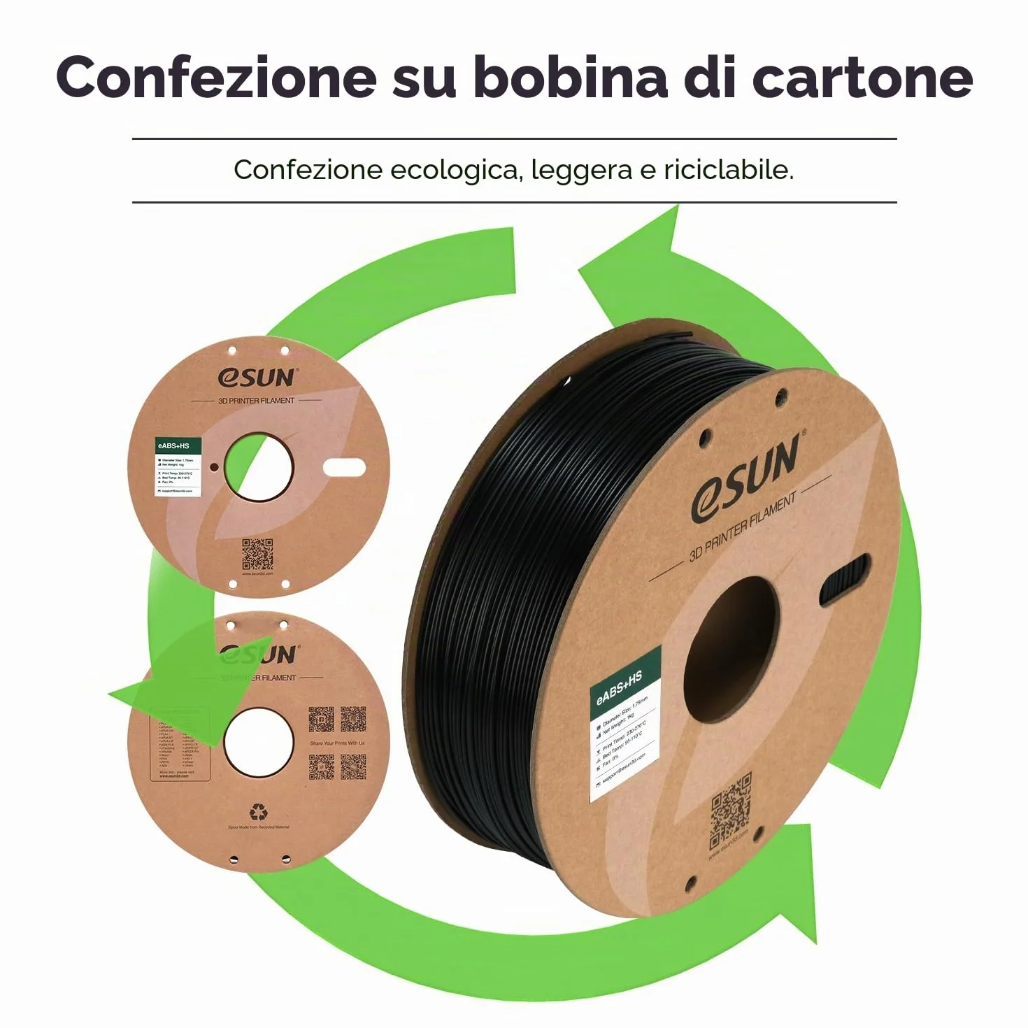 eSUN ABS+ Filamento 1,75 mm per stampante 3D ad alta velocità, precisione +/- 0,03 mm, bobina 1 kg, Nero