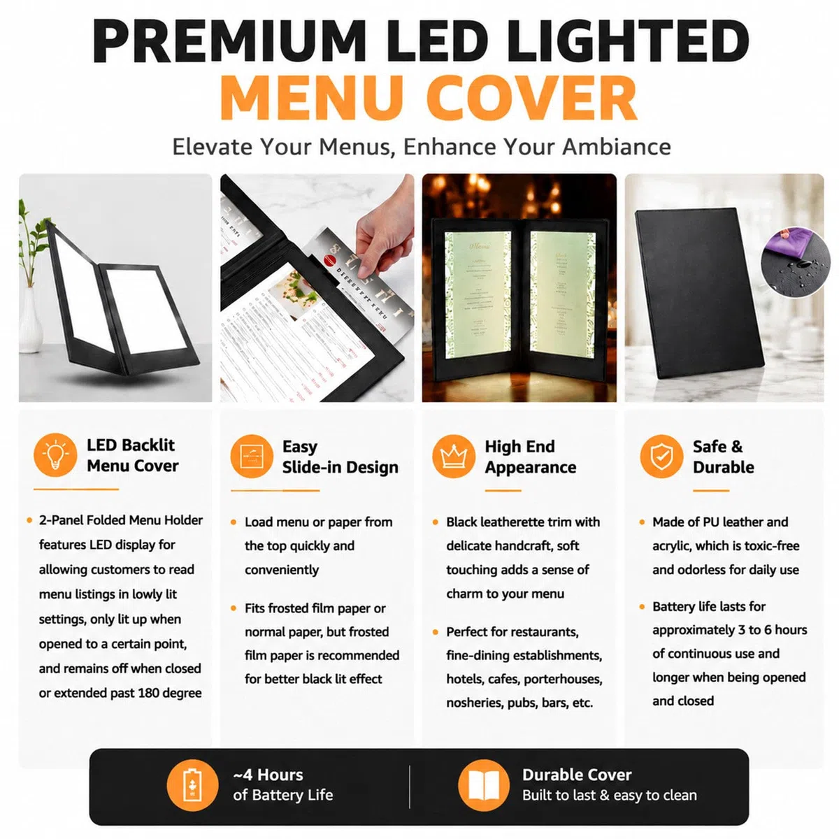 Soporte Menú LED A4 Cuatro Caras, Porta Carta Luminoso Recargable para Negocios de Hostelería A4FourSide2Pack