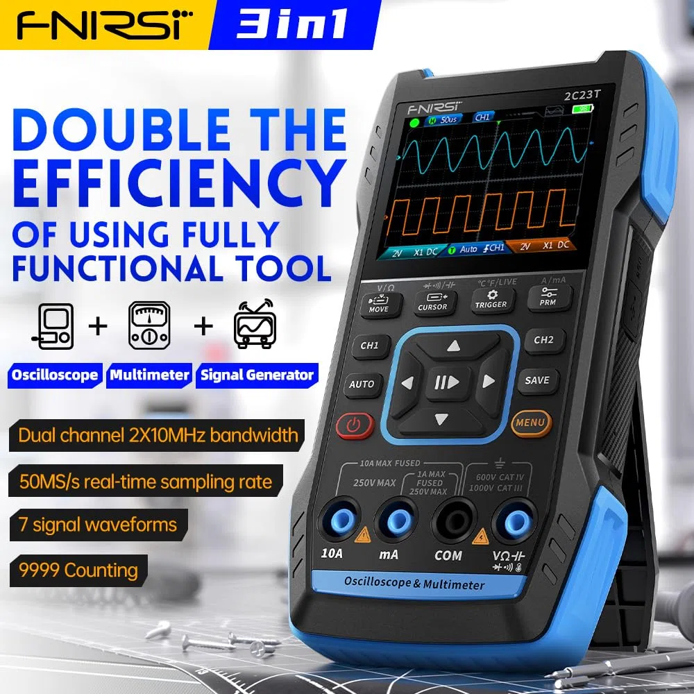 Fnirsi 2C23T Oscilloscopio digitale portatile-Multimetro + Generatore di segnale di funzione 2023 Ultimo 3IN1 a due canali