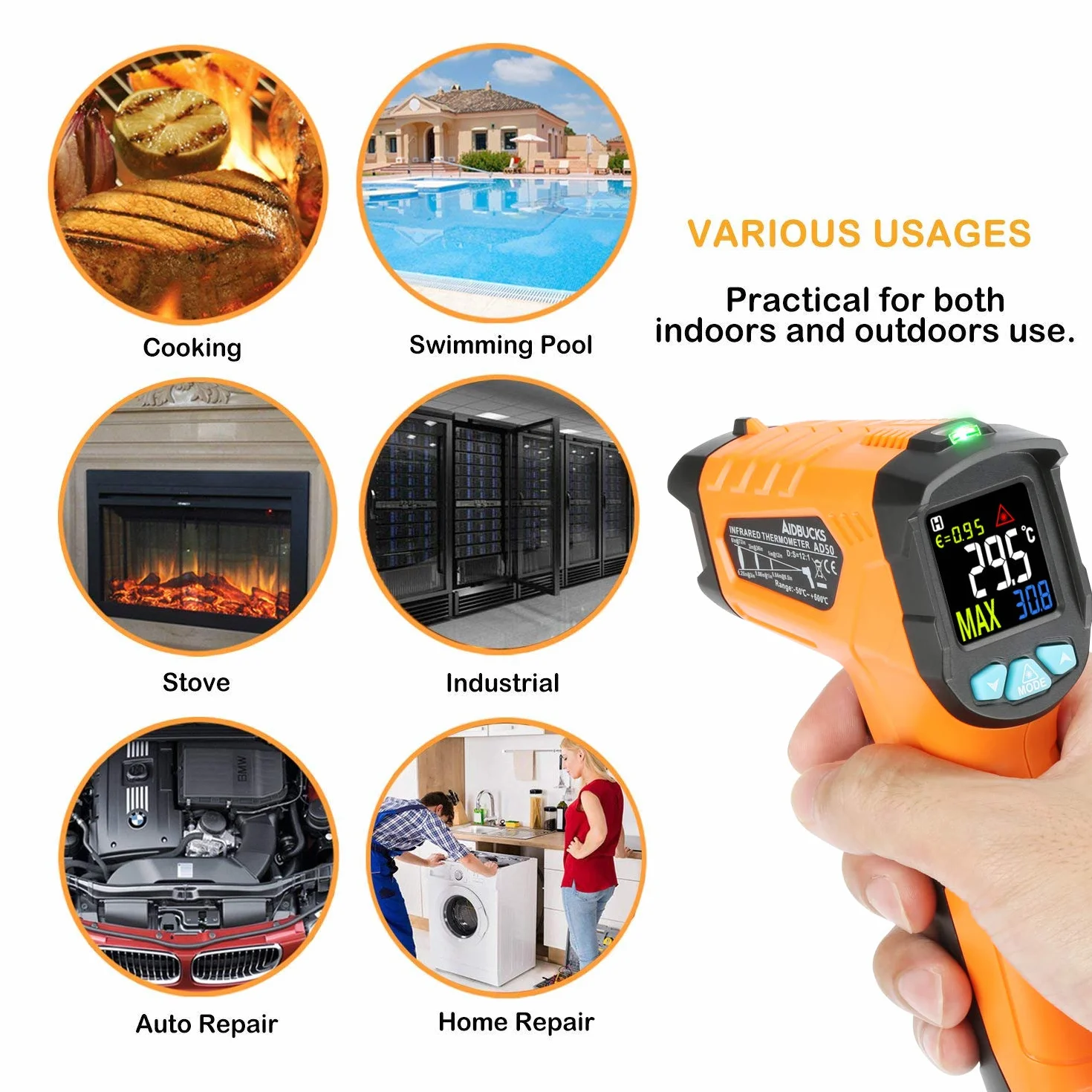Termometro a infrarossi AD50 Digitale Laser -50°C a 600°C LCD