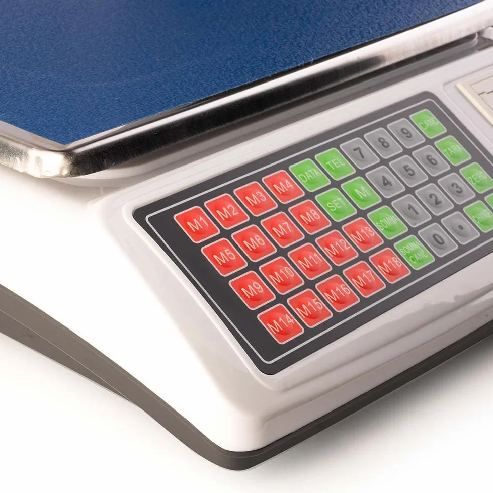 AMC Bilancia elettronica digitale con scontrino professionale 18 tasti di memoria piatto in acciaio inox, 6 lcd per misurazione prezzo unitario, totale e peso portata massima 50kg