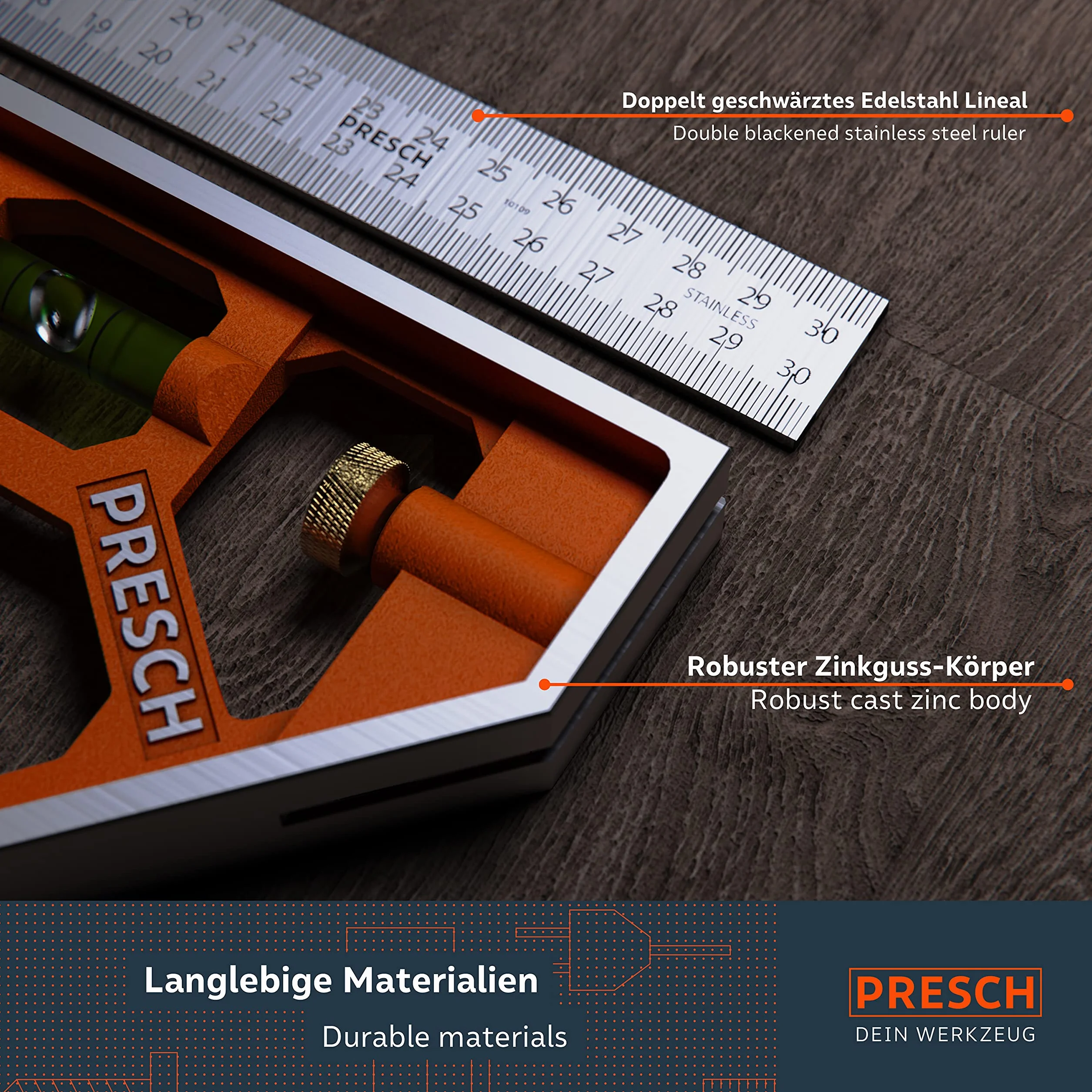 Presch Squadra Combinata 300mm - Metrica - Squadra Universale da Falegname Precisa e Maneggevole, in Metallo, con Riga di Riscontro e Tracciatore - Strumento di Misura Professionale