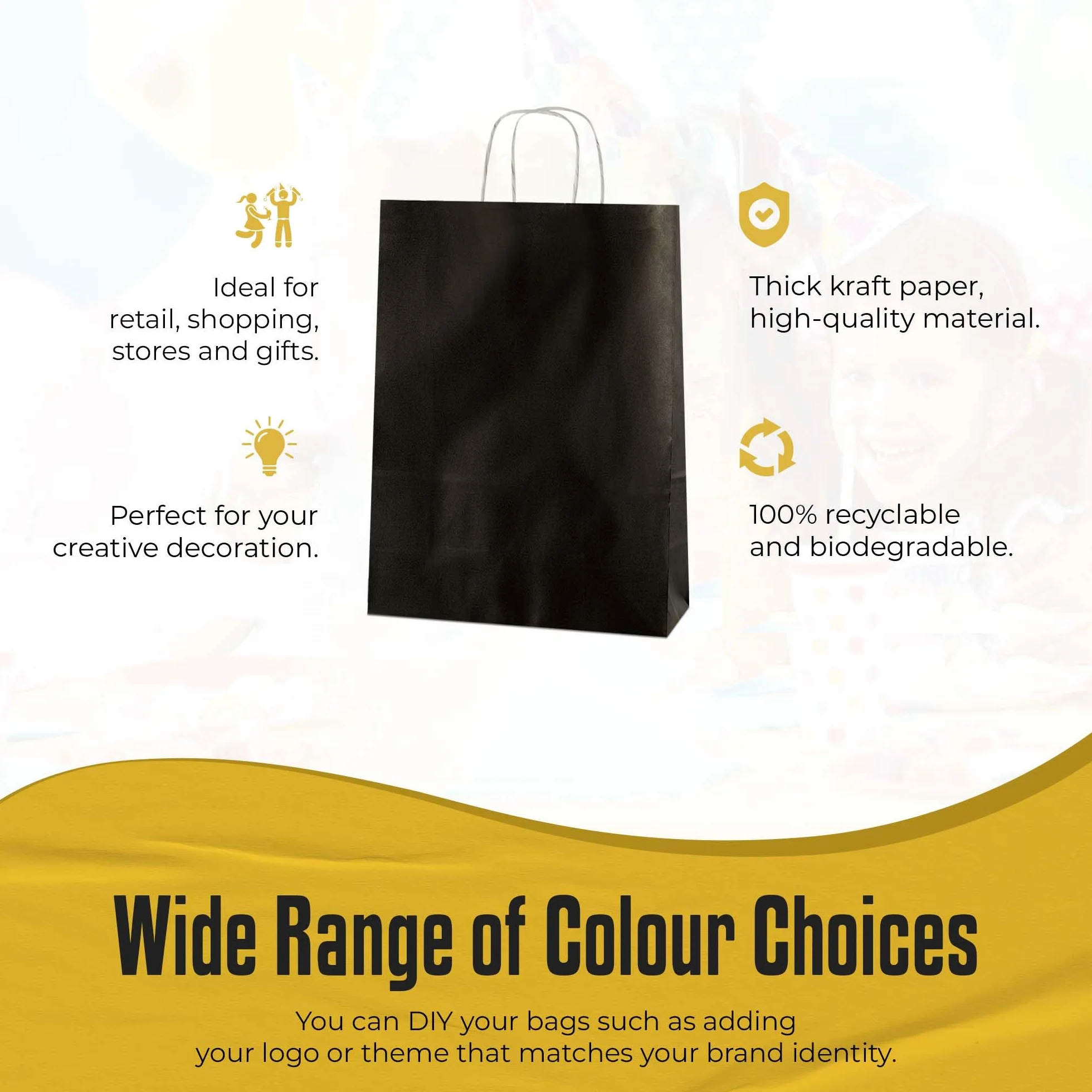 Thepaperbagstore 50 Sacchetti di Carta Colorata con Manici Intrecciati, Nero Medi 250x110x310mm