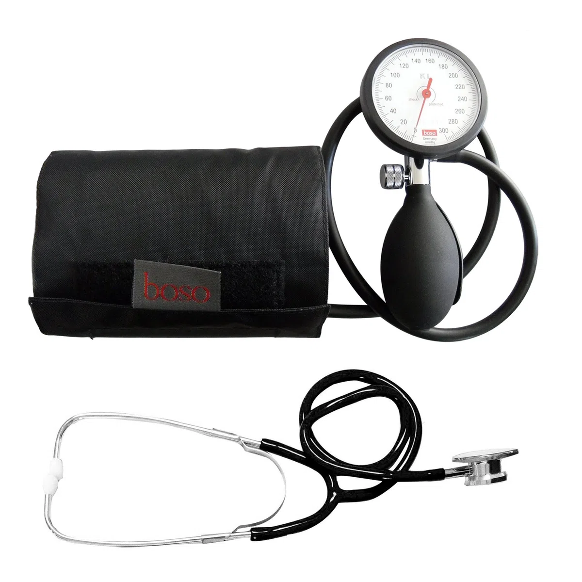 boso K1 shock protected – Sfigmomanometro manuale aneroide da braccio, set con stetoscopio doppia testa TIGA-MED, bracciale 22–32 cm, 1 tubo, Made in Germany