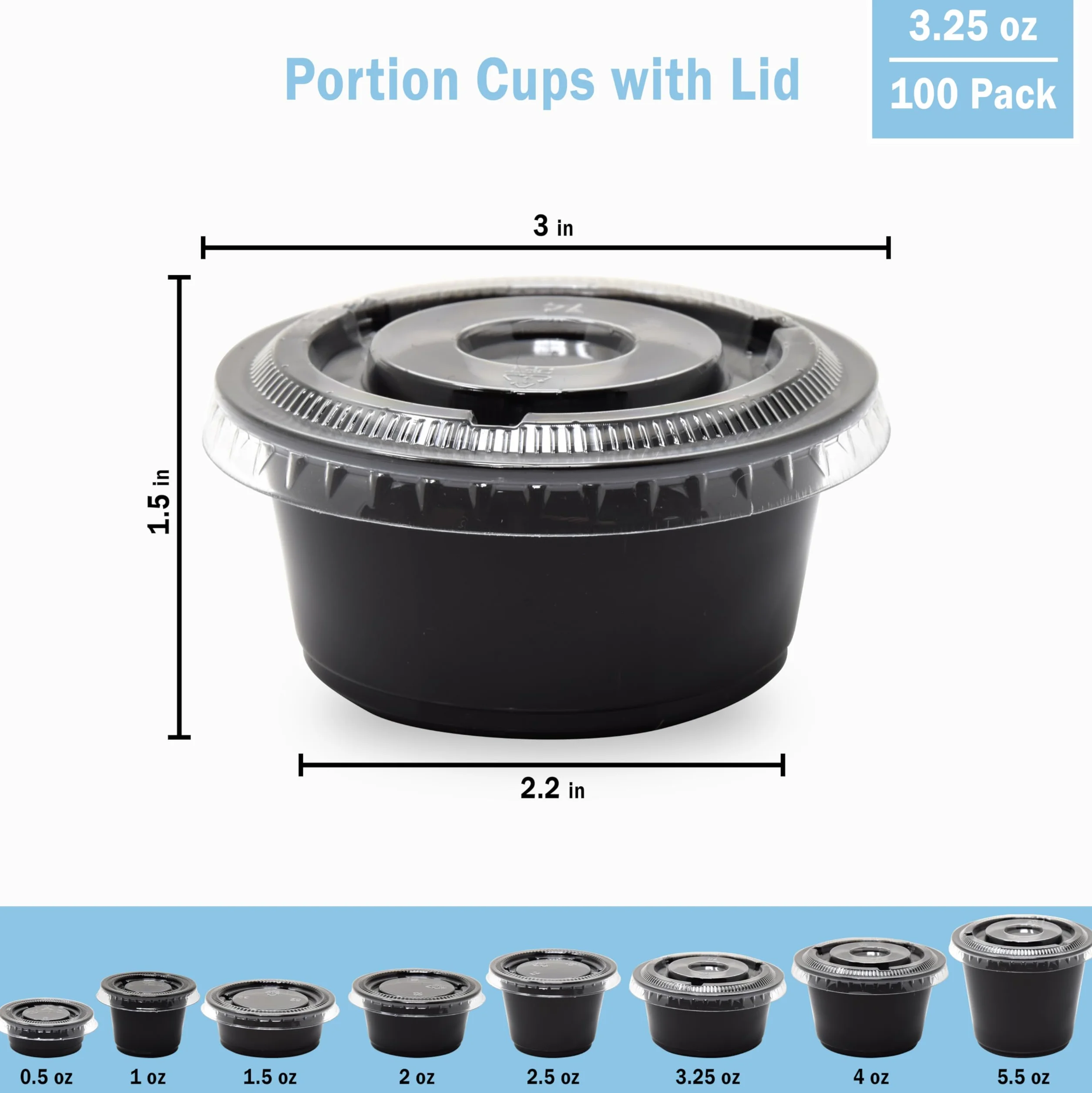Set da 100 bicchierini da 92 ml, contenitori per condimenti in plastica nera con coperchio