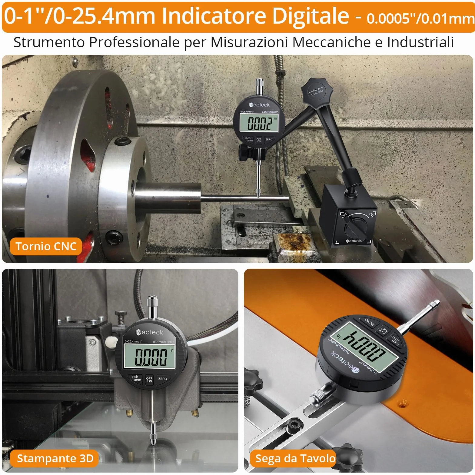 Neoteck DTI LCD Compratore Centesimale Digitale 0.01/0.0005'' Indicatore Digitale Calibro di Precisione 0-25.4mm/1'' Comparatore Elettronico Pollice/Metrica Professionale con Coperchio Posteriore