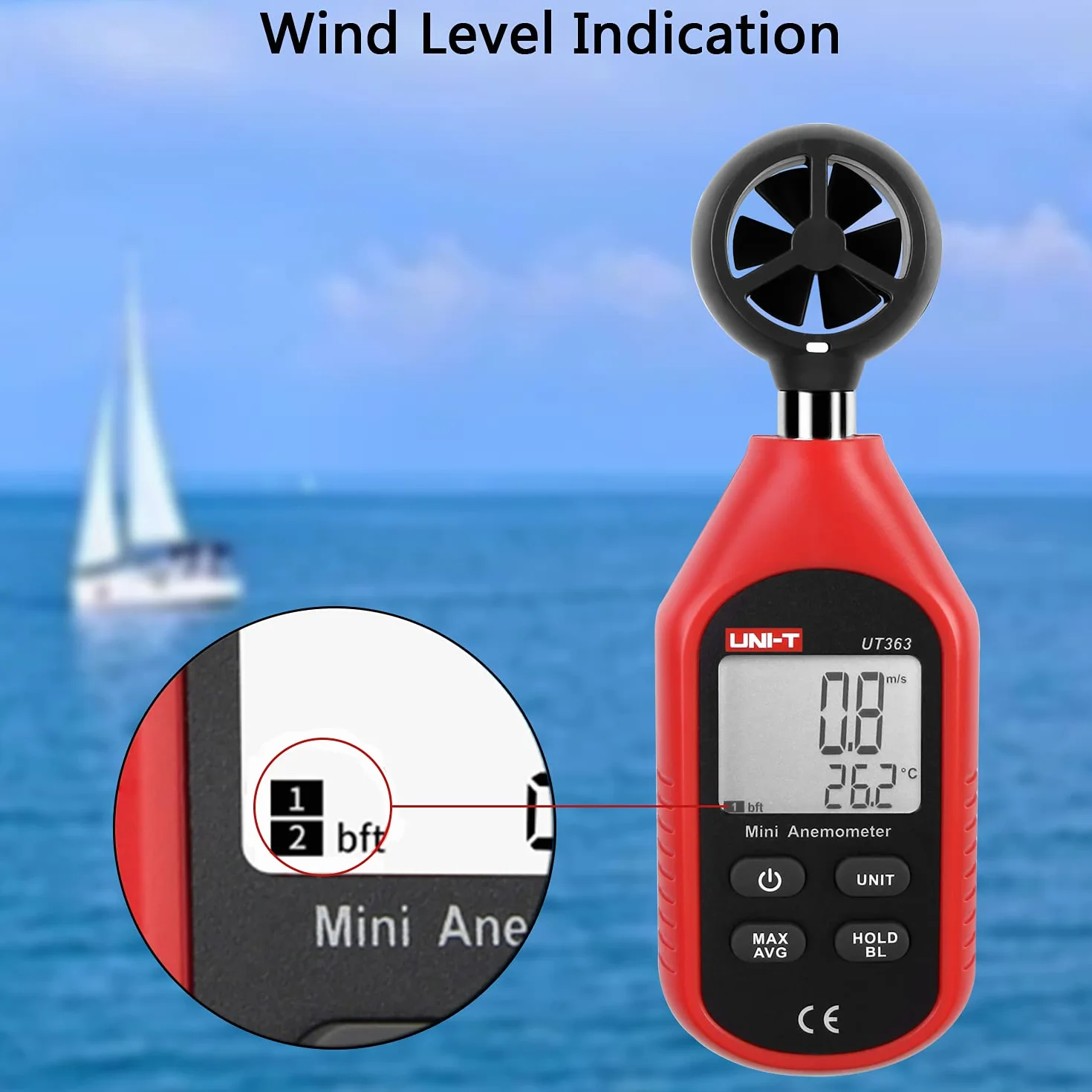 UNI-T UT363 Digitale LCD Anemometro Misuratore Velocità Vento 0-30m/s Temperatura C/F