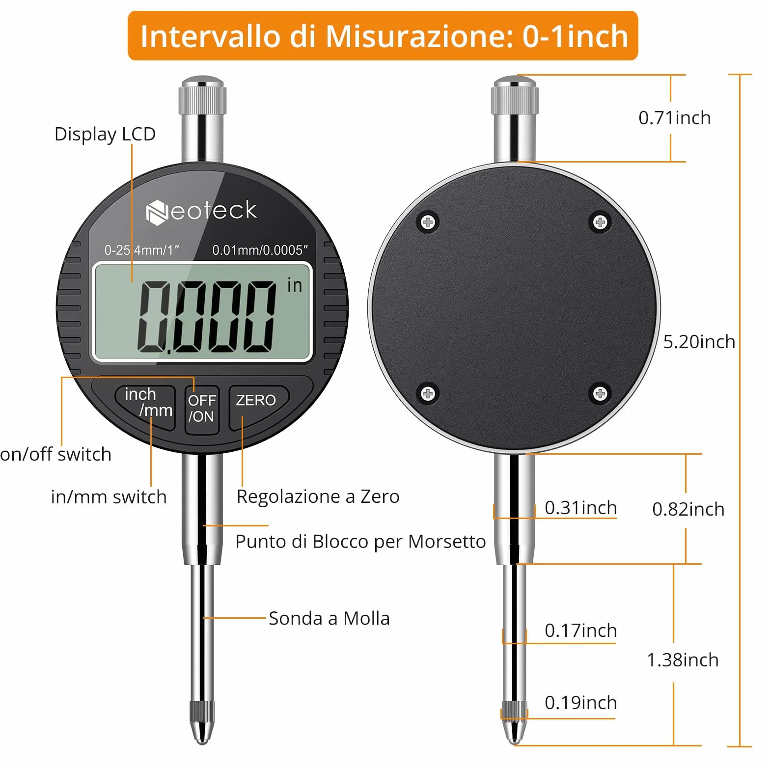Neoteck DTI LCD Compratore Centesimale Digitale 0.01/0.0005'' Indicatore Digitale Calibro di Precisione 0-25.4mm/1'' Comparatore Elettronico Pollice/Metrica Professionale con Coperchio Posteriore