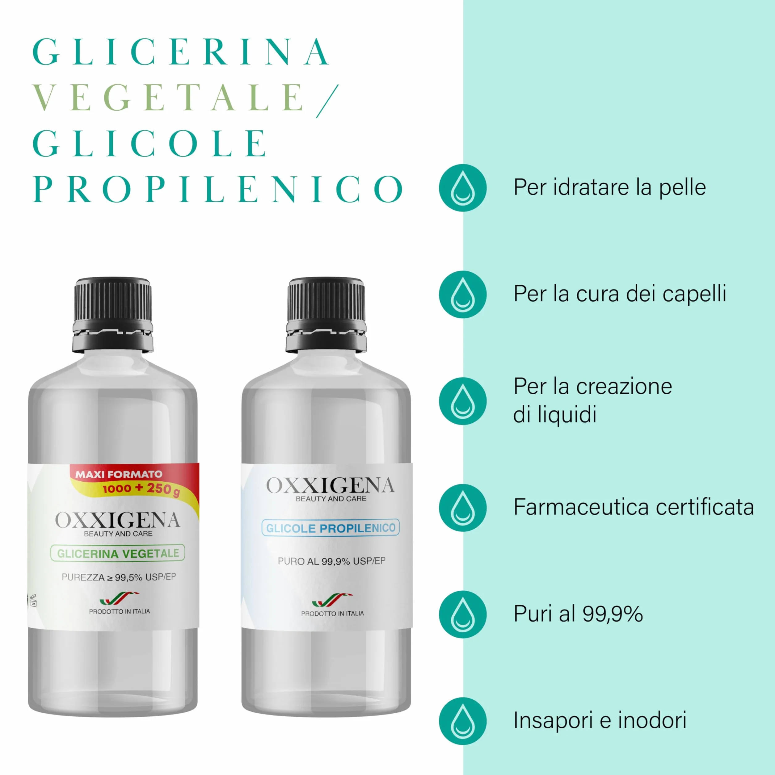 Oxxigena - Kit Base Neutra da 2 L, con Glicerina Vegetale Liquida Pura ≥ 99,5% (1 L) + Glicole Propilenico Liquido Puro (1 L), 50 VG / 50 PG, 100% Made in Italy, Purezza Farmaceutica