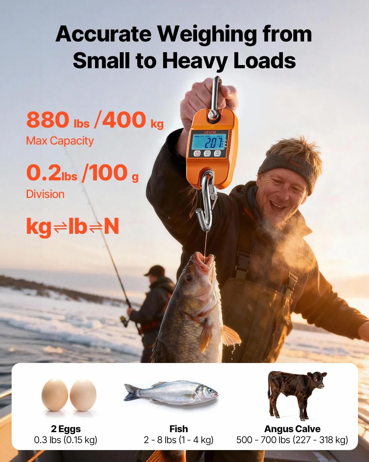 VEVOR Bilancia Digitale Portatile a Batteria 400 kg Gancio Schermo LCD Misurazione 3 Unità per Bagaglio Pesca Caccia