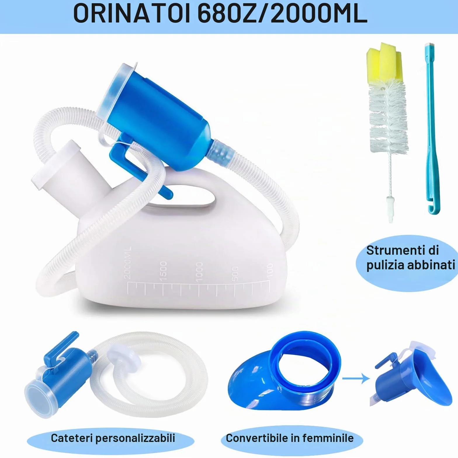 Orinatoio Portatile 2000ml con Tappo a Vite e Tubo Spazzola per Auto, Anziani, Bianco
