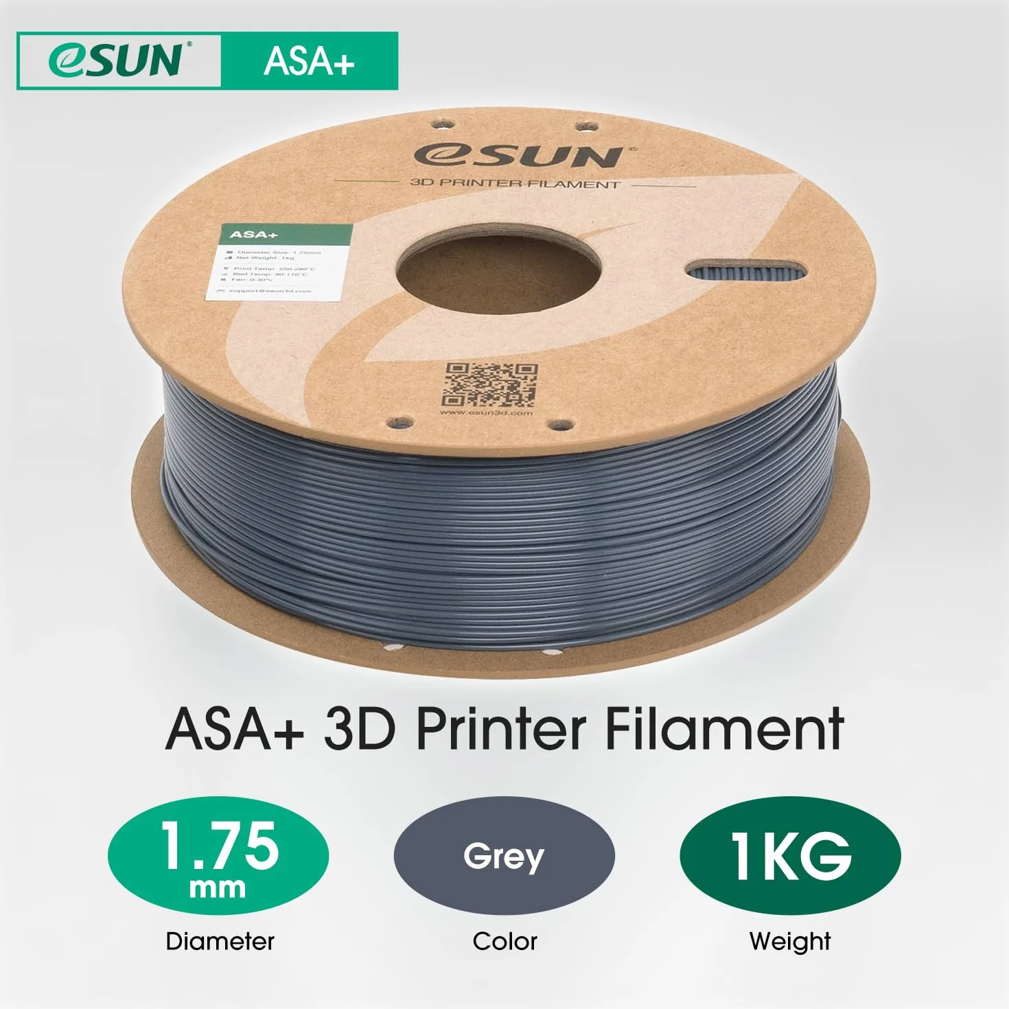 eSUN ASA+ Filamento 1,75 mm 1 kg Bobina per Stampanti 3D Resistente alle Intemperie Grigio