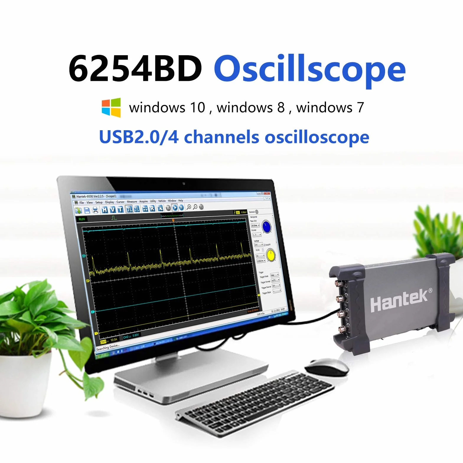 Hantek Oscilloscopio 4CH PC USB, 6074BD 6104BD 6204BD 6254BD 70/100/200/250MHz, larghezza di banda 1Gs/S (250 MHz)