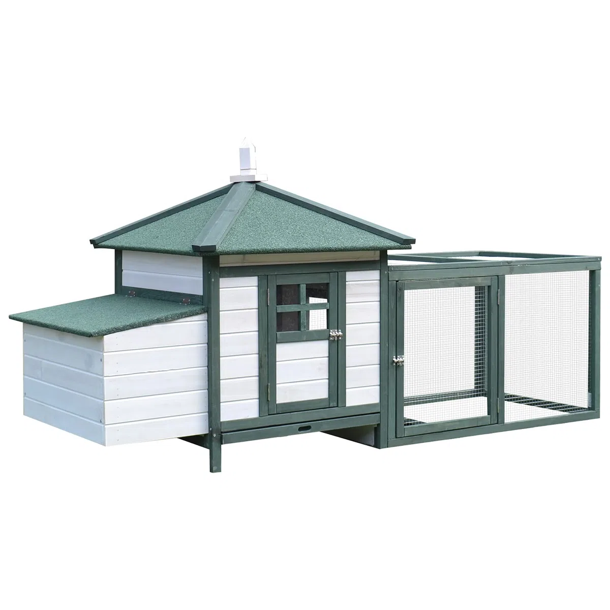 PawHut Pollaio in Legno con 1 Nido, Pollaio per Galline da Esterno con Tetto Impermeabile, Vassoio Estraibile e Porta, Casetta per 1-2 Galline, Anatra, Giardino, 196x76x97 cm, Bianco e Verde