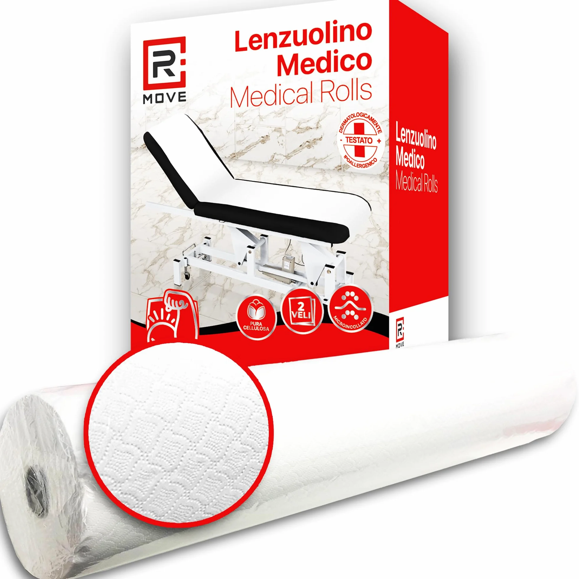 R MOVE 6 Rotoli carta lettino massaggio 60 cm, lenzuolino medico 2 veli pura cellulosa, rotoli per estetista