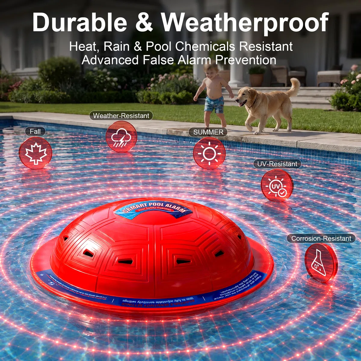 Allarme per piscina, allarme di sicurezza per piscine interrate e fuori terra, sensibilità regolabile, allarme 85 dB+, protezione per bambini e animali domestici (rosso)