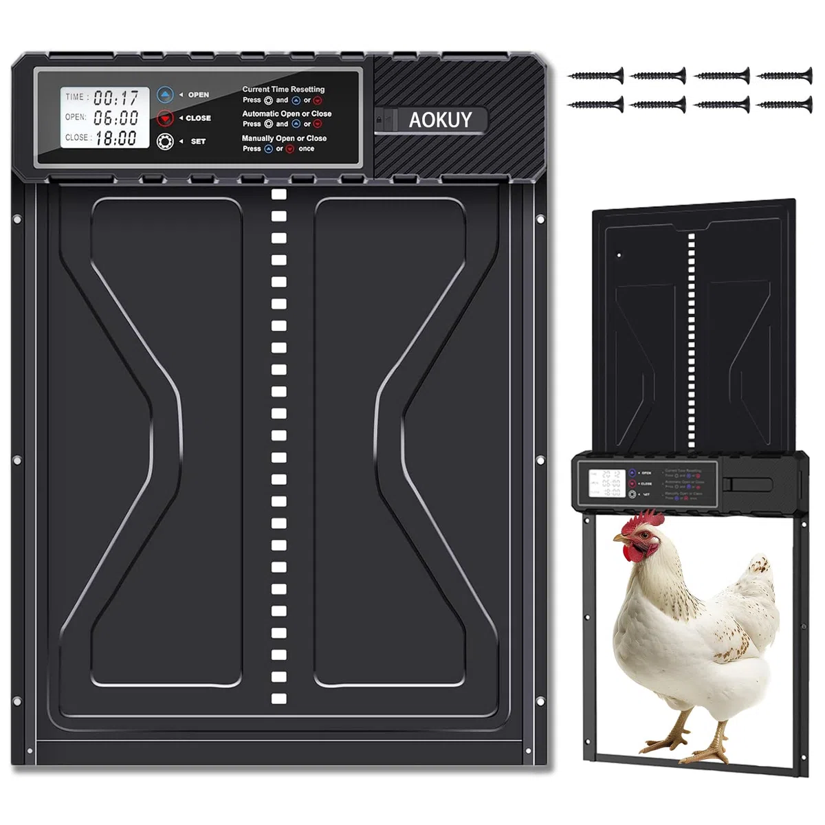 Porta automatica per pollaio con timer LCD – Apertura/chiusura automatica a batteria, porta per pollaio in alluminio anti-predatori, resistente alle intemperie, facile da installare.