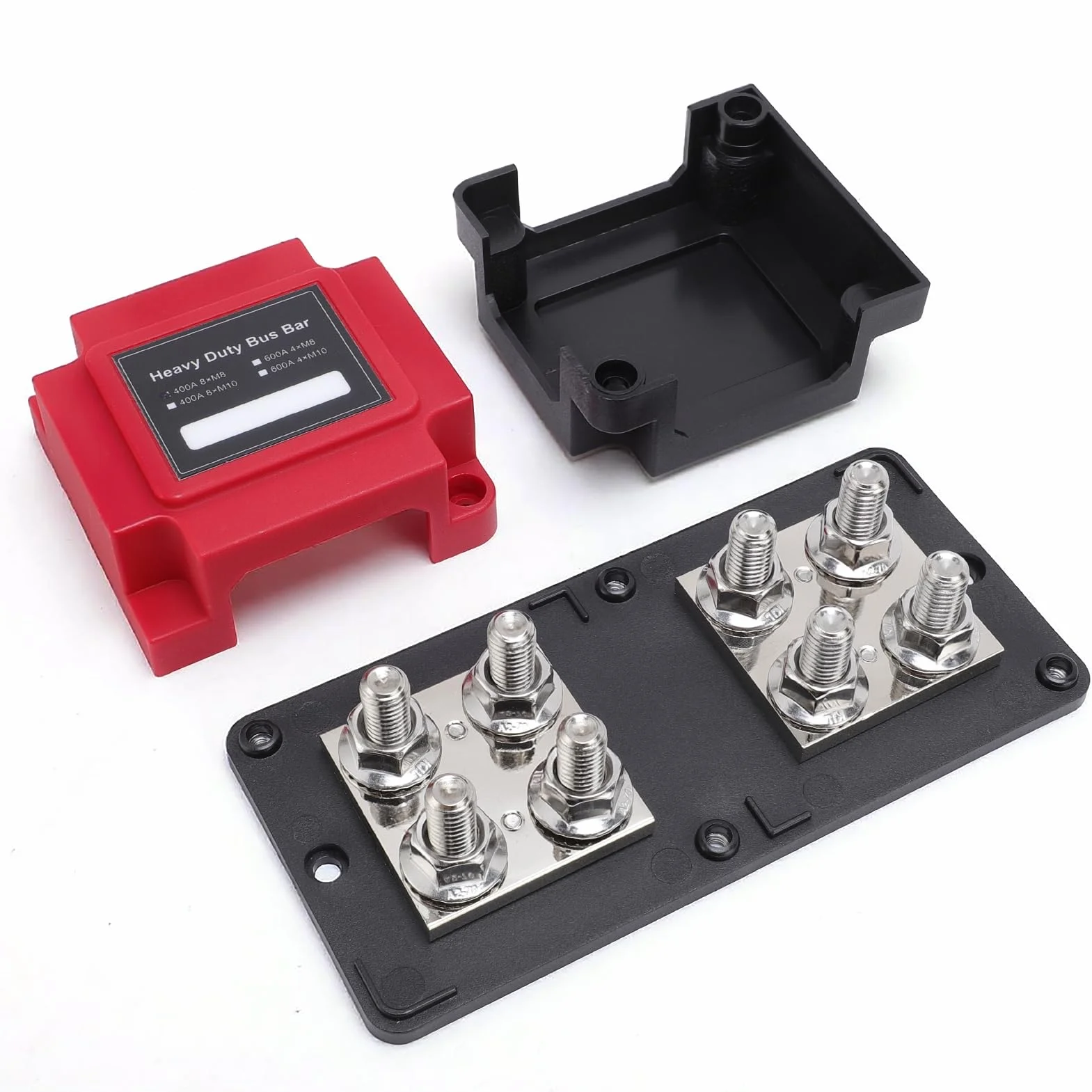 8 distributori di corrente M8, busbar, 12 V, 24 V, 48 V, DC 400 A, per auto, barca, camion, impianto solare con coperchio rosso e nero