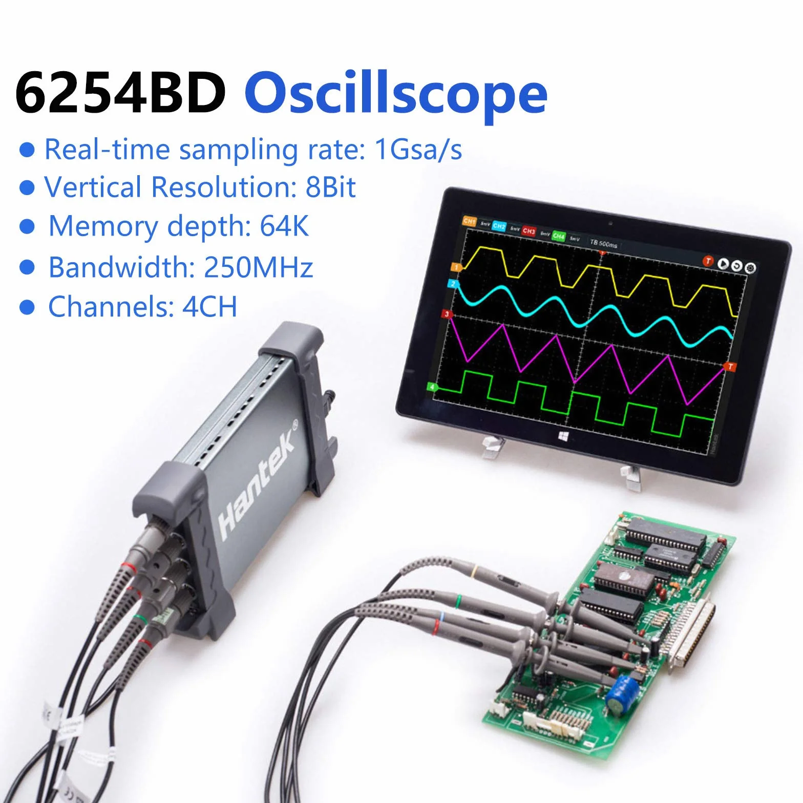 Hantek Oscilloscopio 4CH PC USB, 6074BD 6104BD 6204BD 6254BD 70/100/200/250MHz, larghezza di banda 1Gs/S (250 MHz)