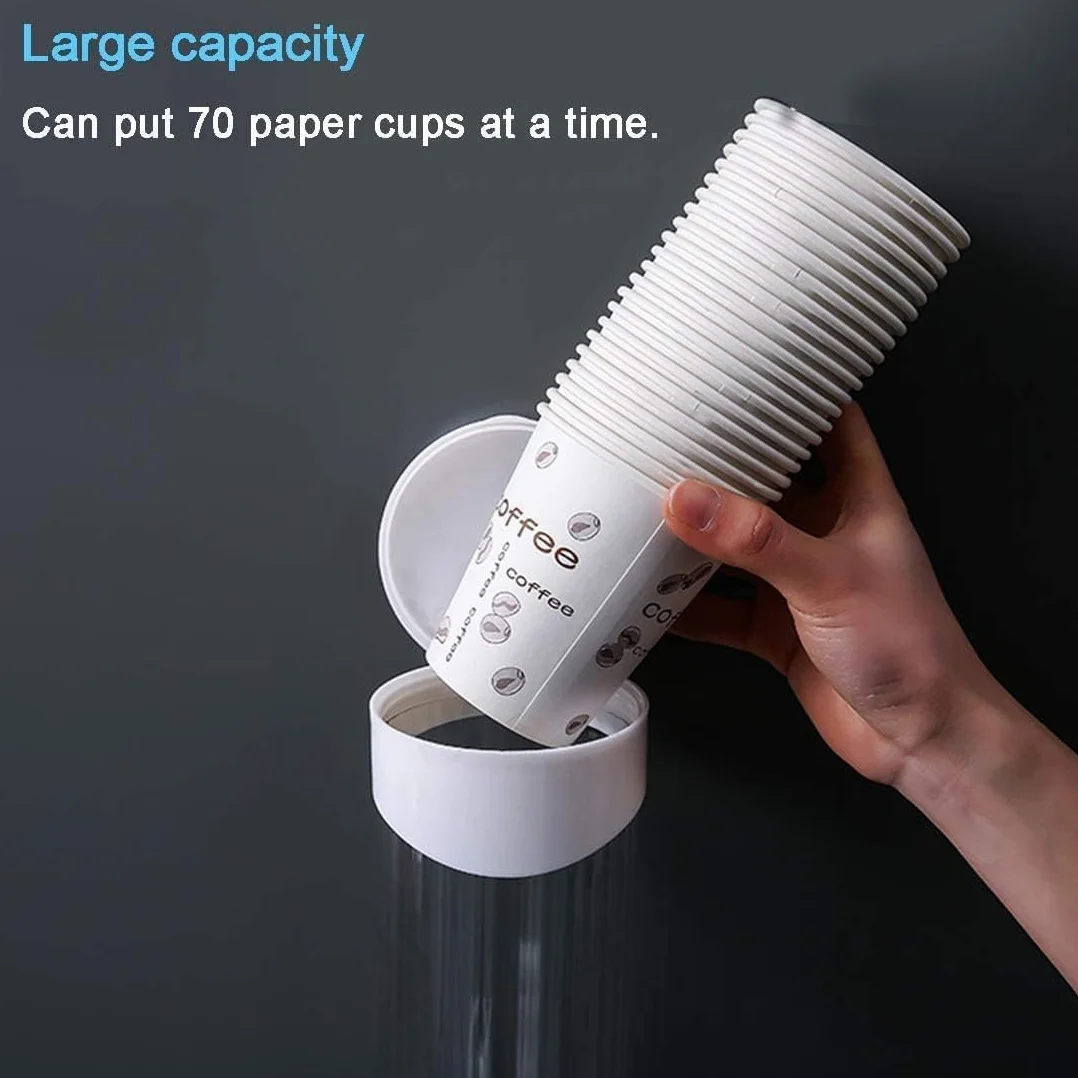 Dispenser Bicchieri da Parete, Supporto per Bicchieri di Carta con Coperchio Antipolvere, per 60-80 Bicchieri, Bianco