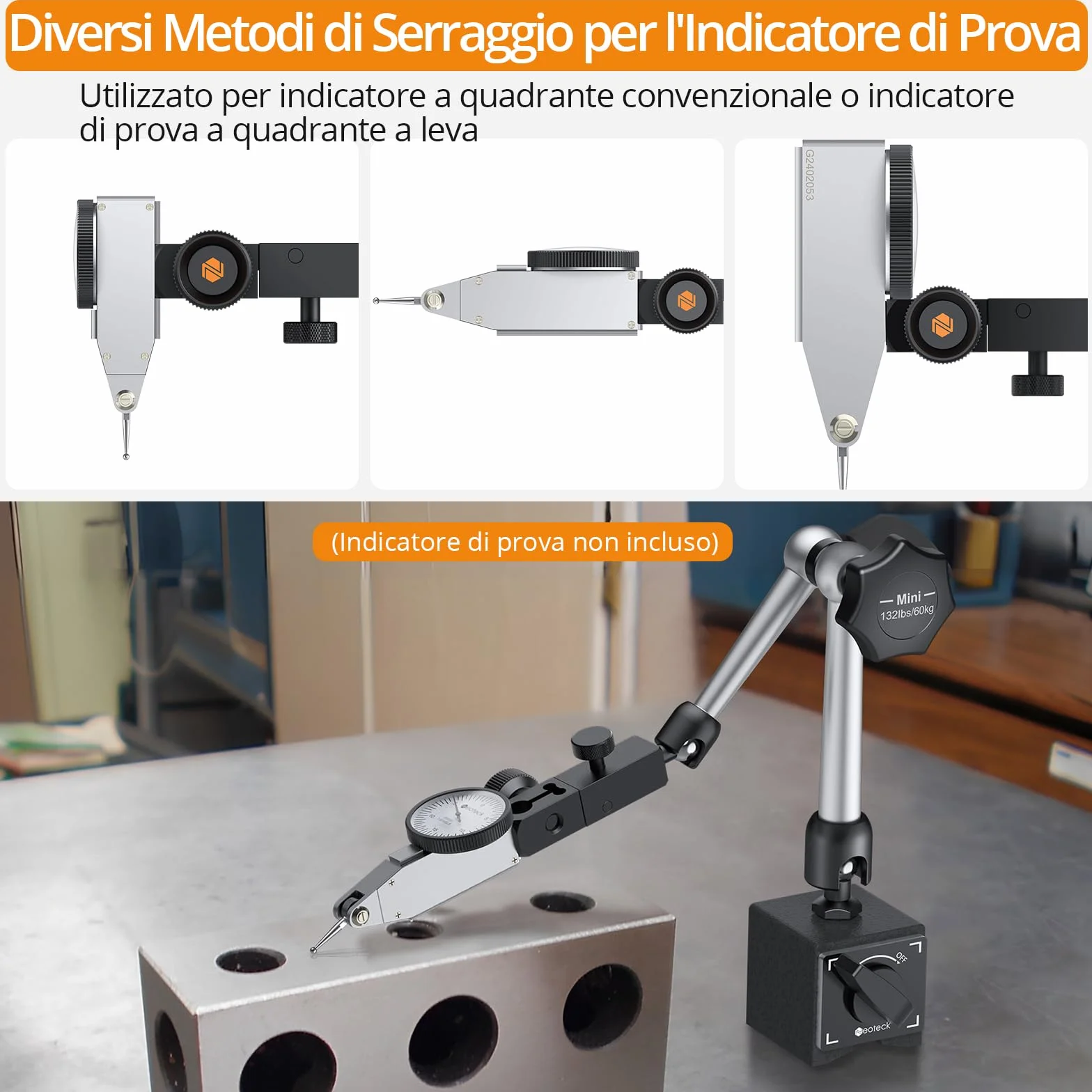 Neoteck Base Magnetica per Comparator 132lbs/60 kg con 8mm Foro per Indicator Magnetico Base Supporto Del Basamento 3 Braccio Regolabili con ON/OFF Interruttore per Indicatore di Comparatore