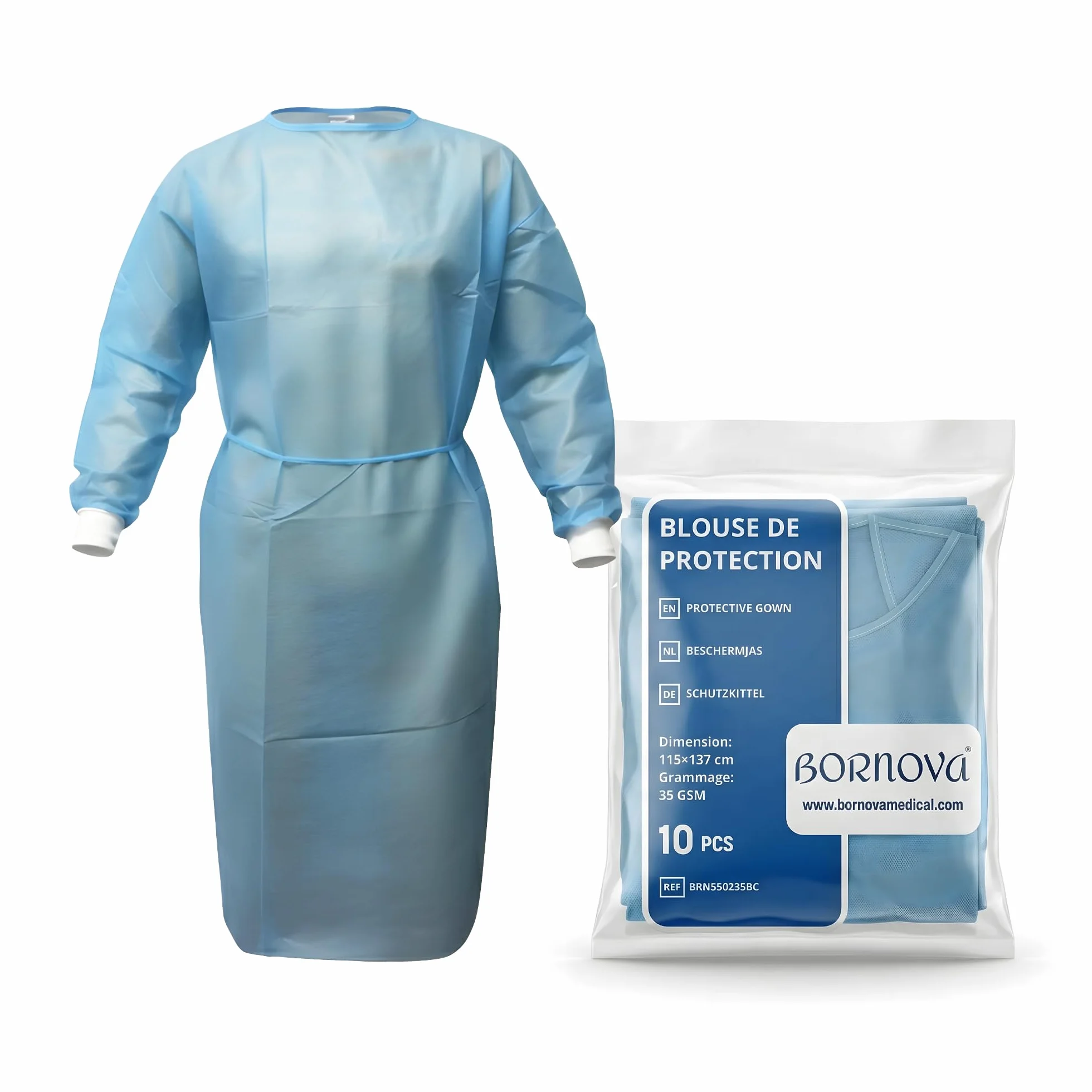 BORNOVA - 10 PZ. Camice Medico Monouso per Pazienti - Camice Isolante per Protezione Chirurgica PP Taglia Universale - Qualità Professionale - Confortevole - Blu Cielo - Non Trasparente- 35 GSM